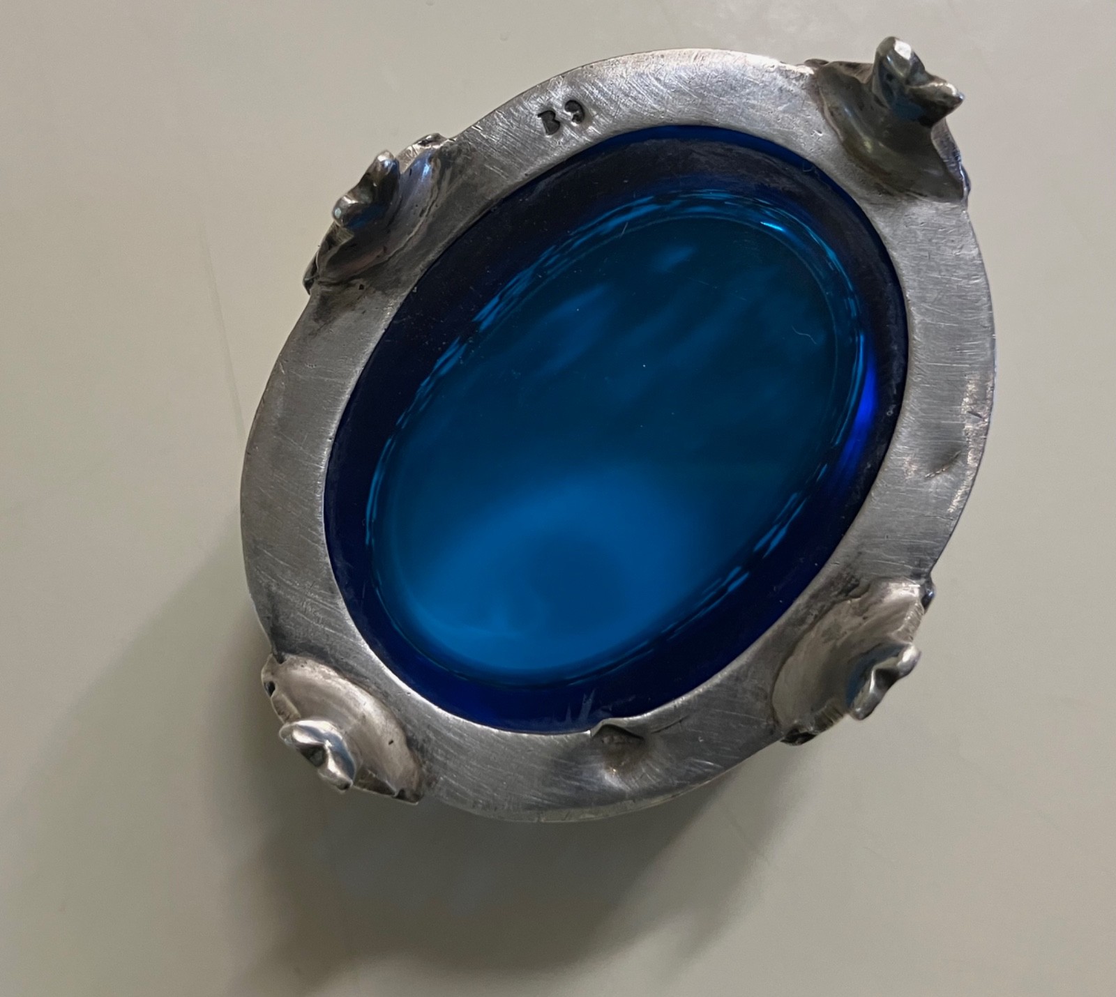 ANTIQUE SILVER FLORAL OPENWORK BLUE GLASS LINDED SALT CELLAR MASSAT FRERES PARIS