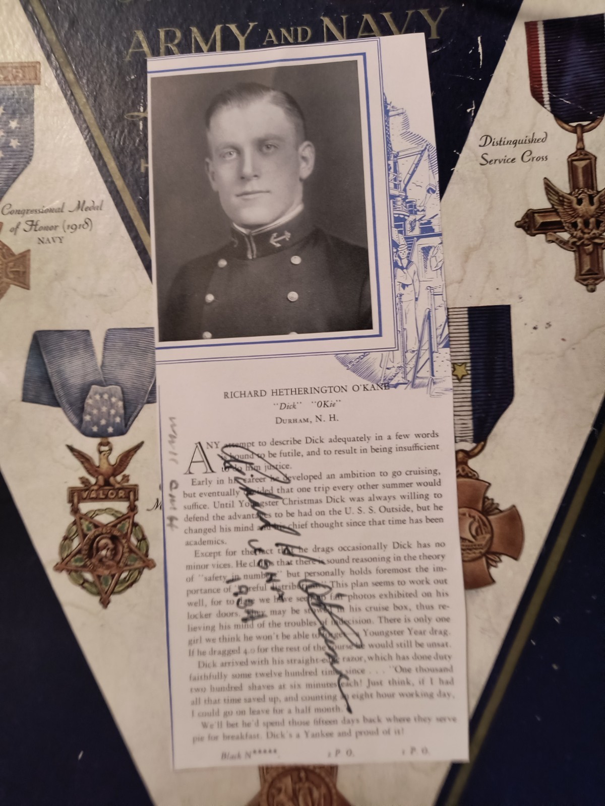 R/Adm. RICHARD H. O'KANE, WWII Medal of Honor Recipient Signed 1934 USNA Photo