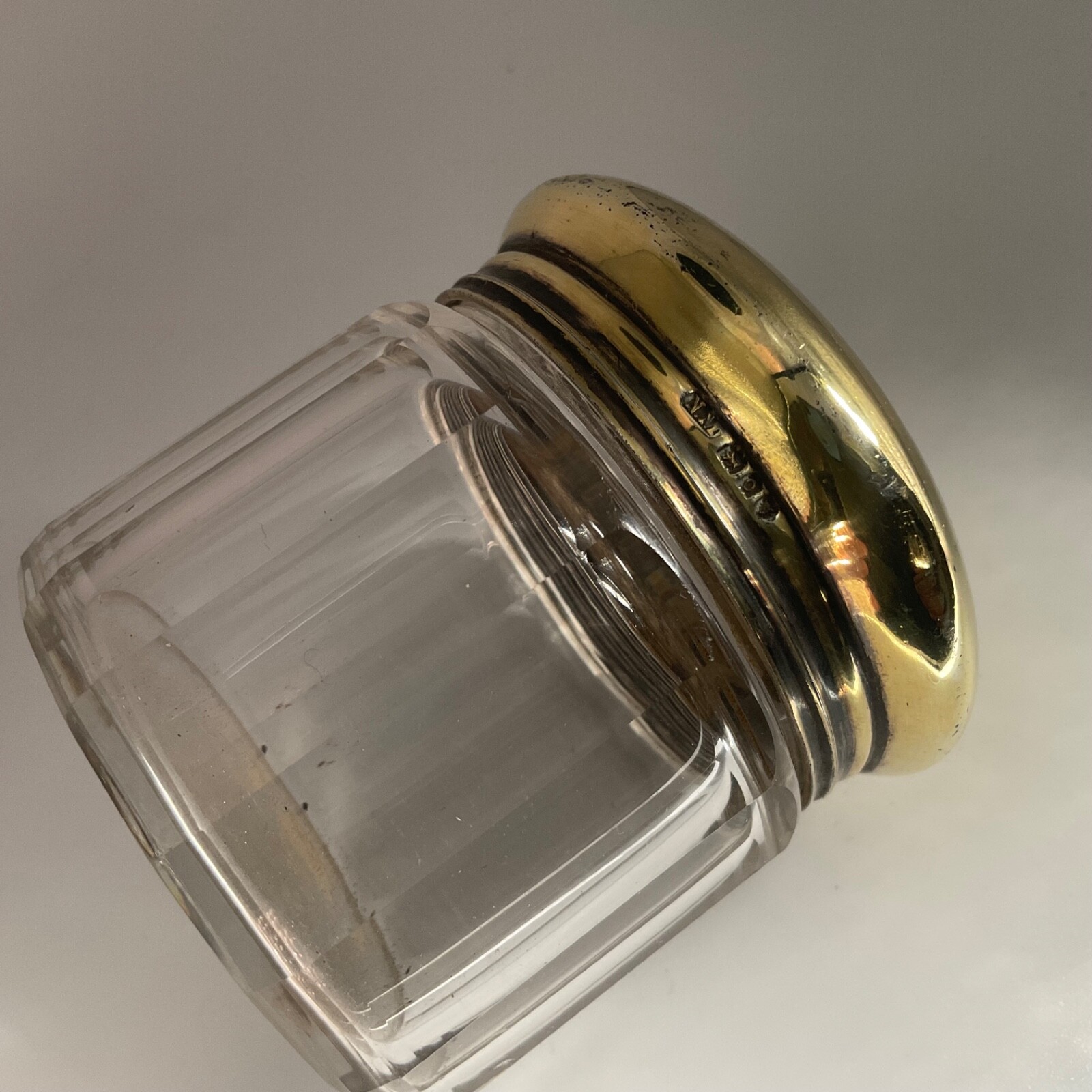 Antique London Gilt Sterling Silver Cut Glass Dresser Jar 1909 Norman Marshall