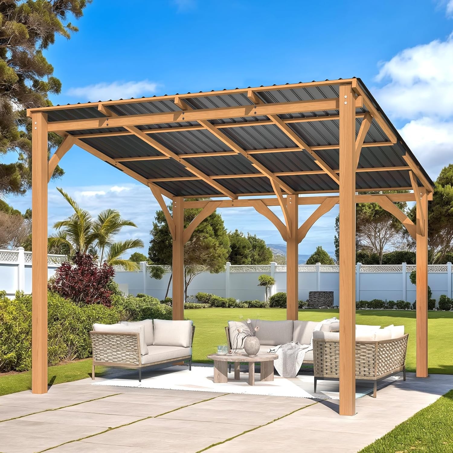 Outdoor Wood Gazebo for Patio, Outdoor Lean to Hardtop Cedar Pergolas/Gazebos
