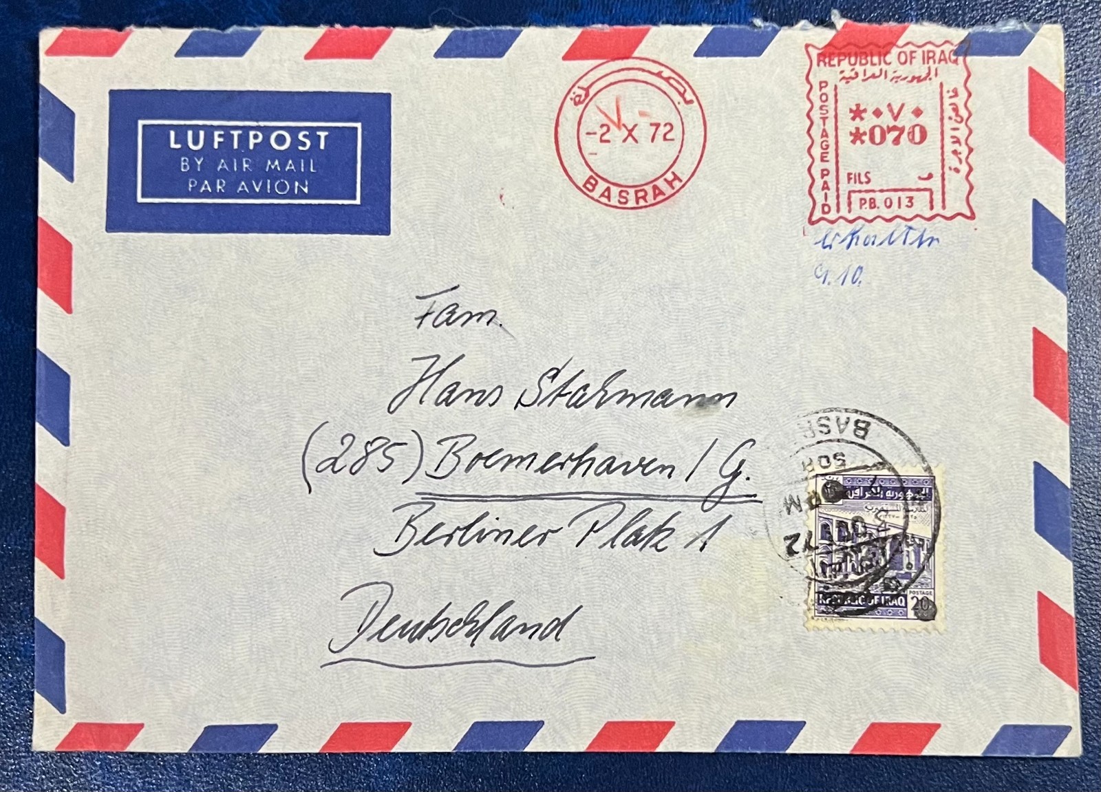 IRAQ , Cover Sent to Germany 1972 BASRAH Stamped