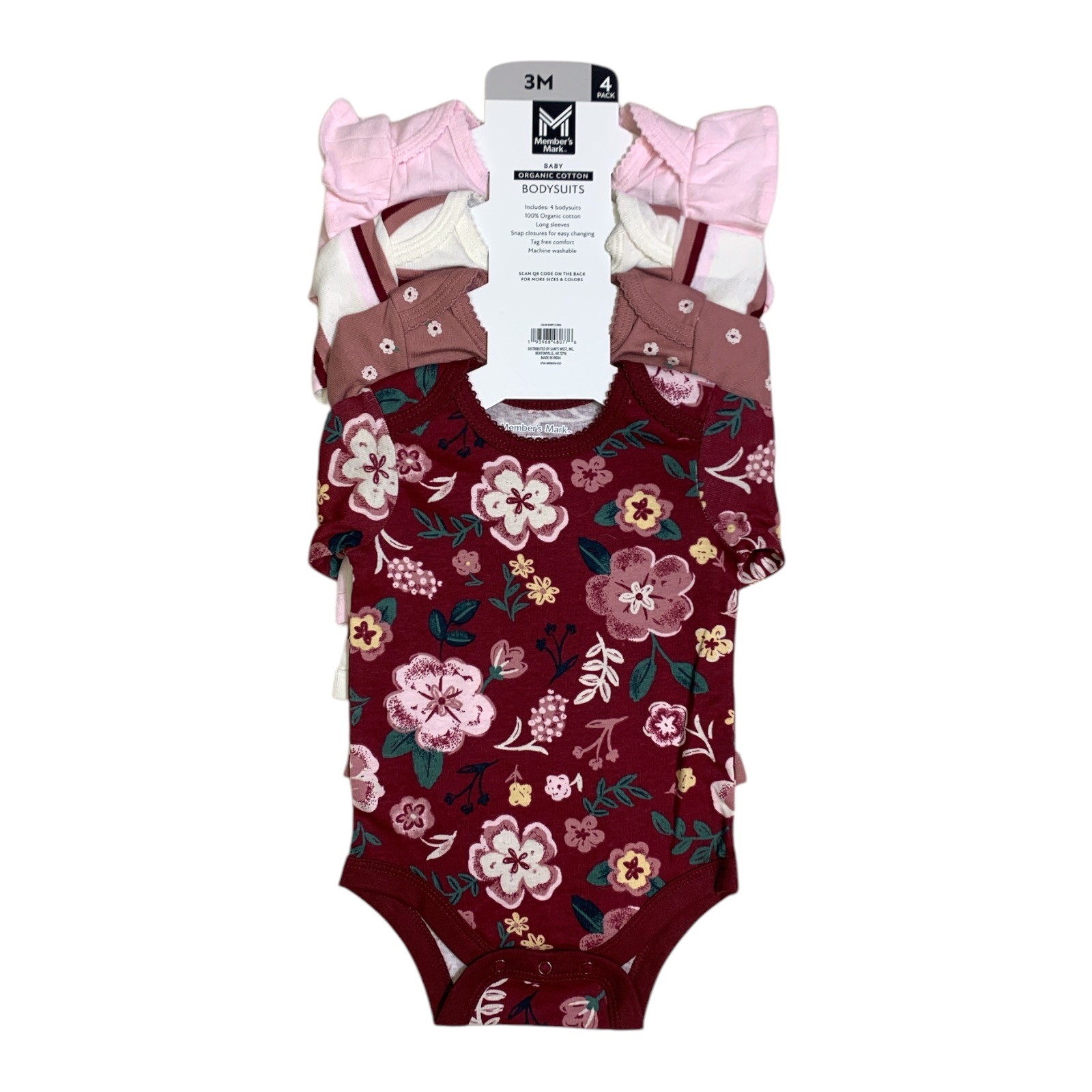 Member's Mark Baby Girls Organic Cotton Bodysuits 4-Pack, Long Sleeve with Snaps