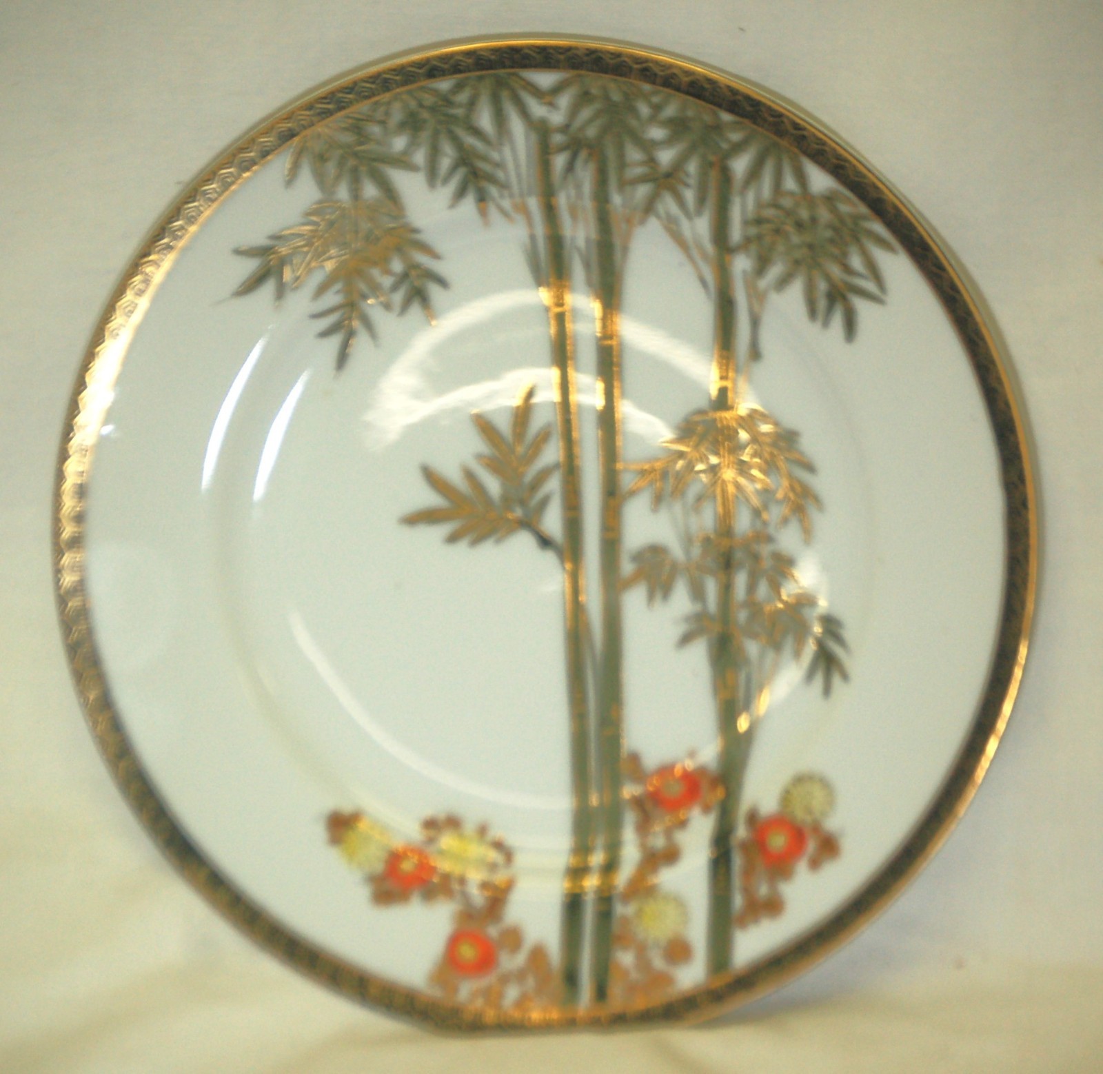 Kutani Pie Plate Bamboo Red Yellow Flowers Encrusted