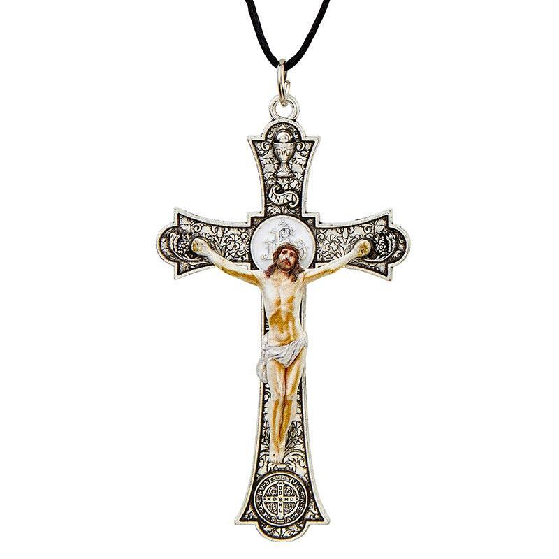 Holy Mass Pendant Crucifix Silver with Cord Features the Saint Benedict Medal