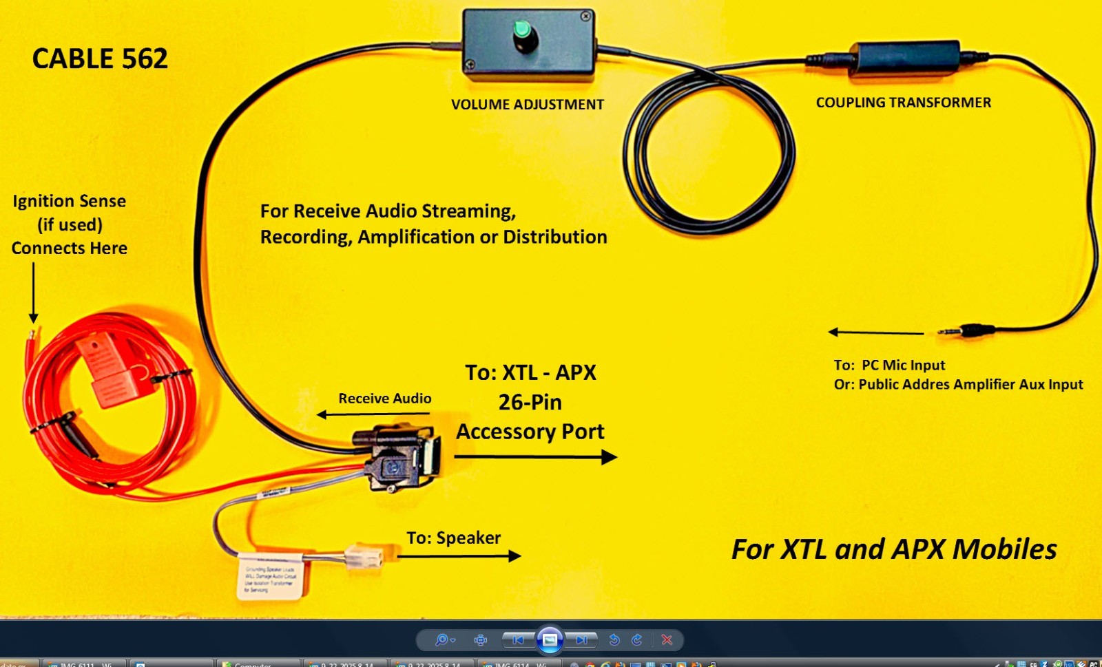 Cable 562 Motorola XTL and APX Mobiles Recording Adaptor Streaming Audio PA