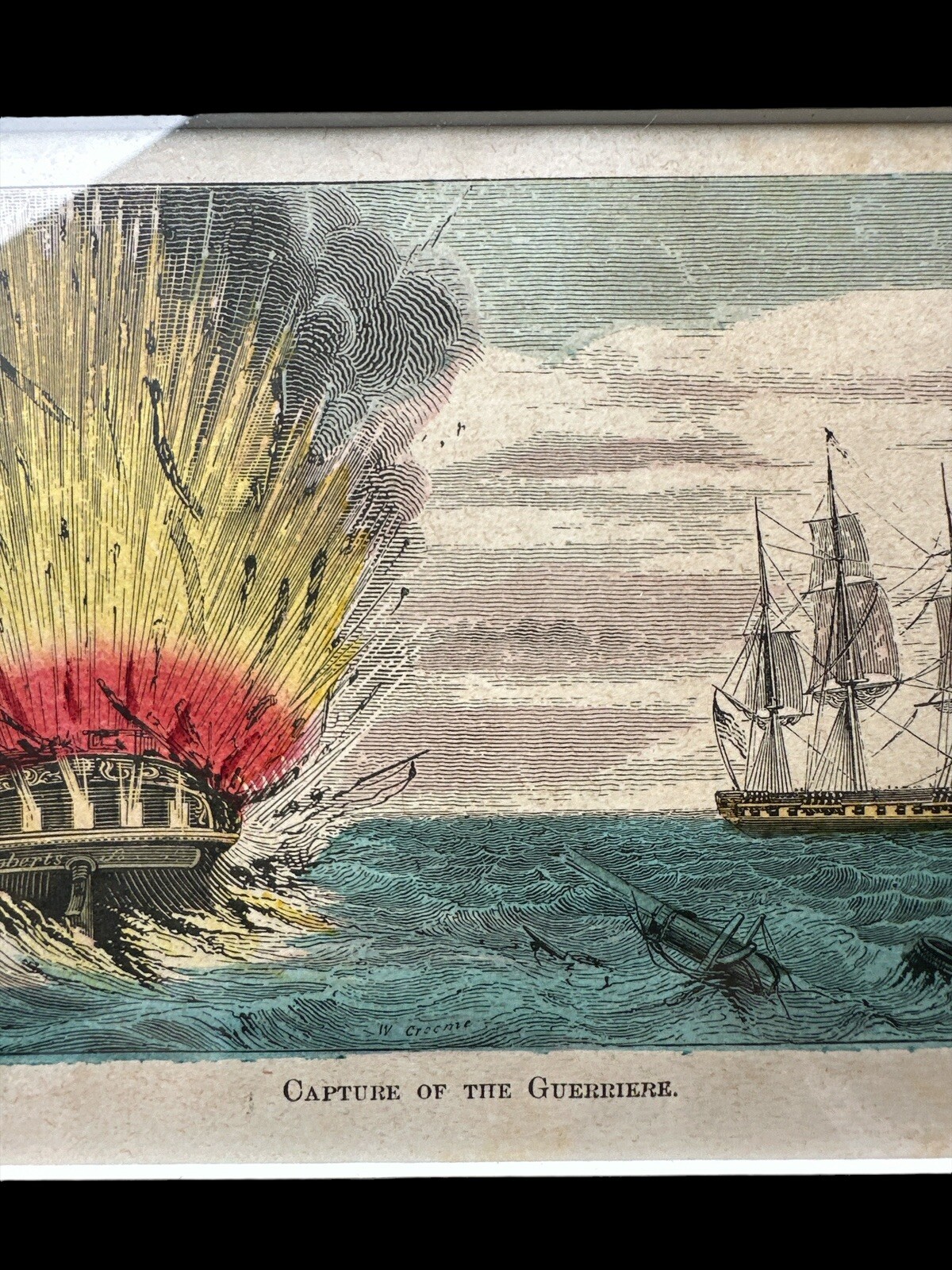 Framed Capture of Guerriere Antique Engraving H Bill 1859 Civil War Hand Colored