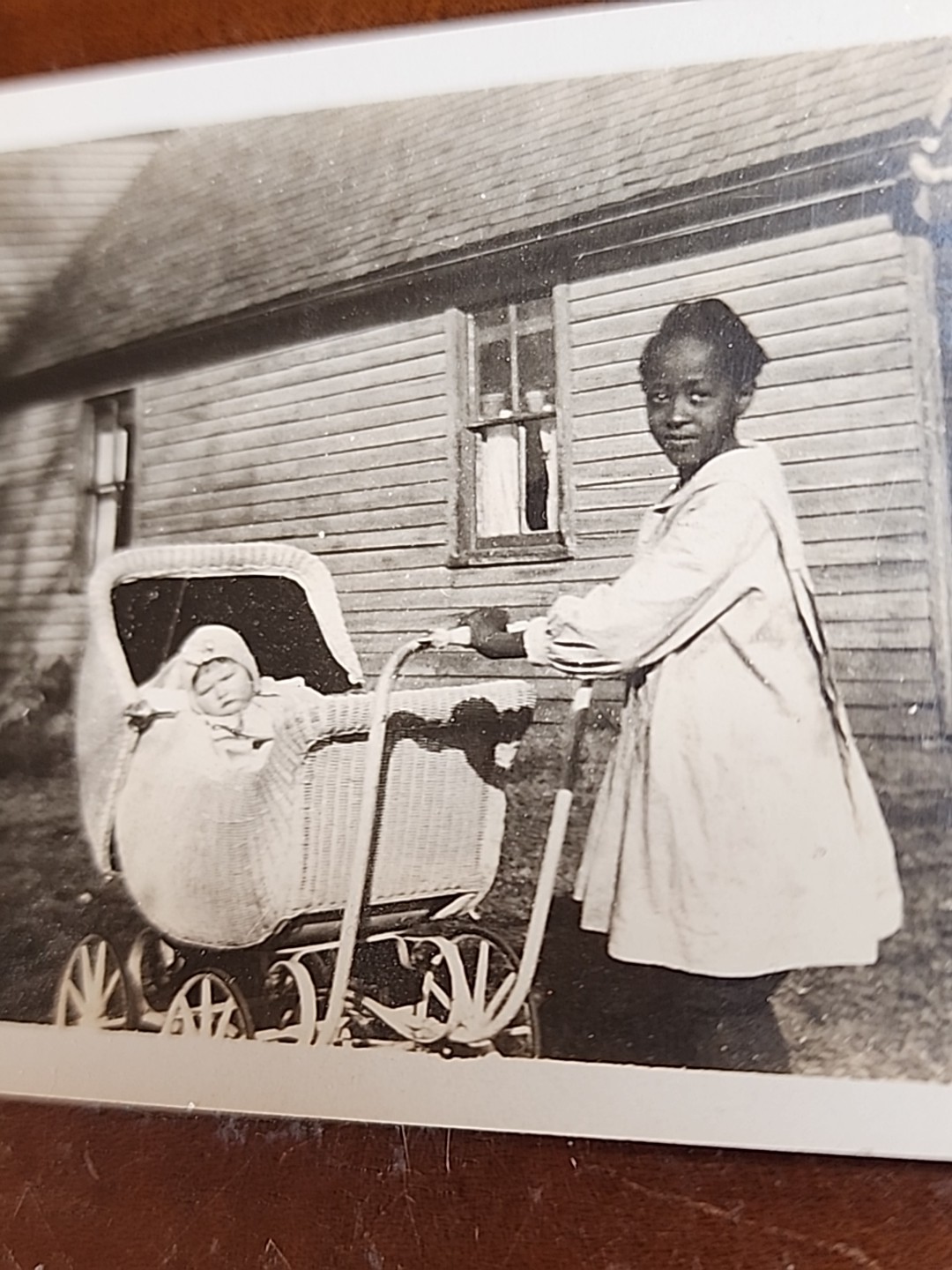 1910s 20s African American Young Nanny with Caucasian Baby in Stroller B&W Photo