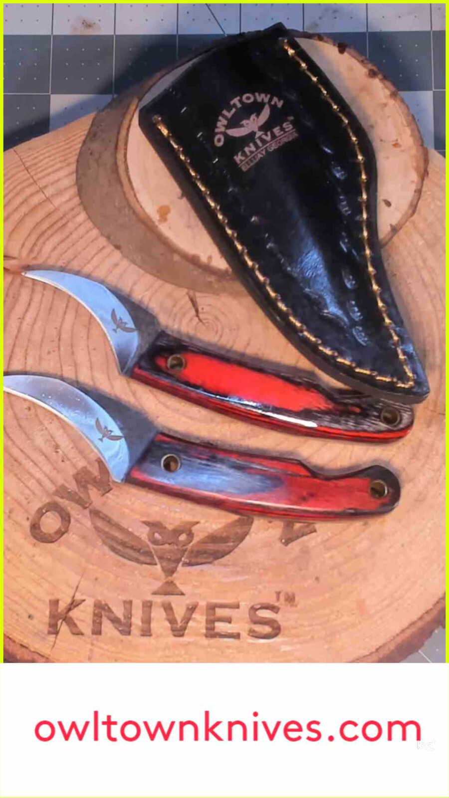 Owltown Pivia Moon Knife, Pikal, Elvia fusion 12c27 steel clip on leather sheath