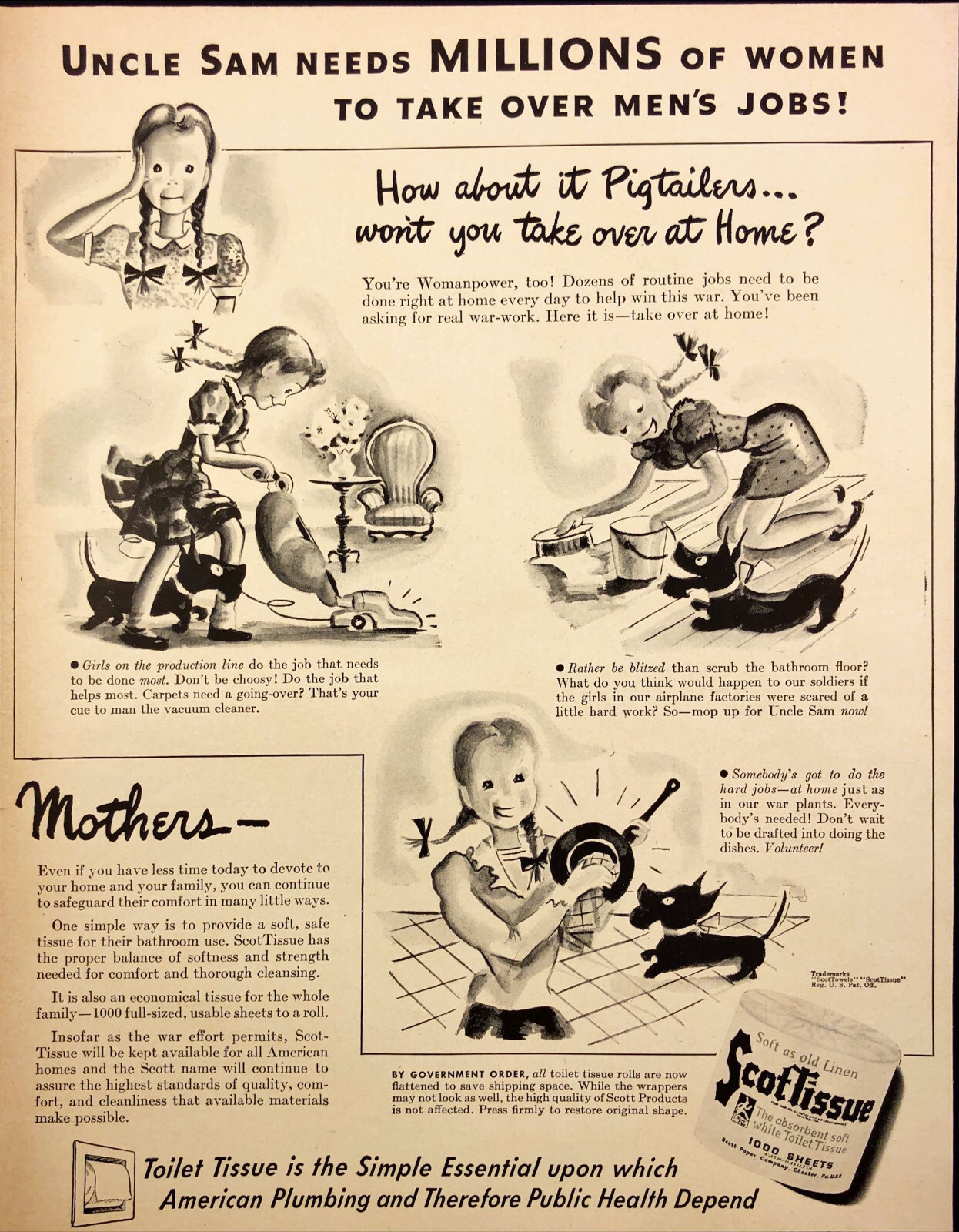 1943 Scot Tissue Uncle Sam Need Millions of Women Vintage Print Ad World War II