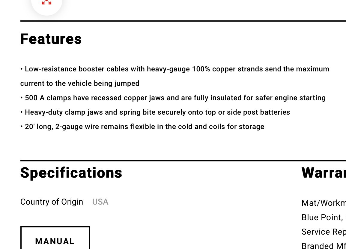 Snap-On 20' Jumper cables with Waxed Canvas Cable Bag, BC20500A