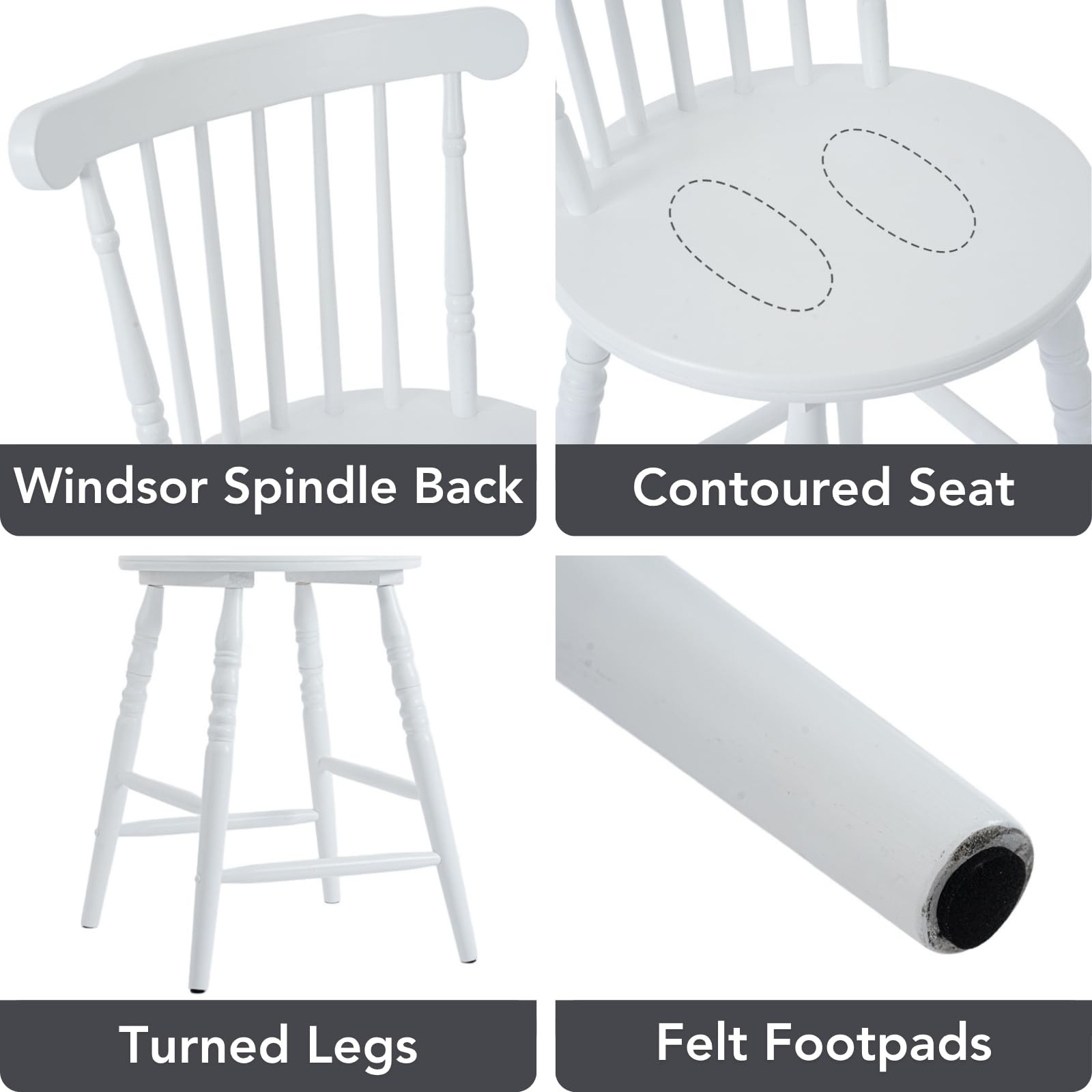 24" White Windsor Counter Height Bar Stools Set of 3, Farmhouse Wooden Counter