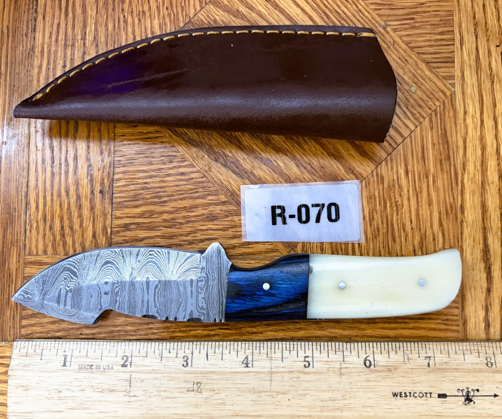 DAMASCUS STEEL SKINNING KNIFE-HARDWOOD and BONE HANDLE #R-070