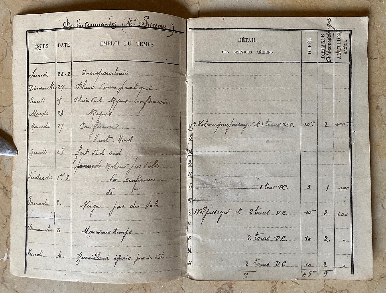 WW1 FRENCH PILOT'S FLIGHT LOG BOOK SIGNED BY (TRAINER OF GUYNEMER) CAPT. NARDIN