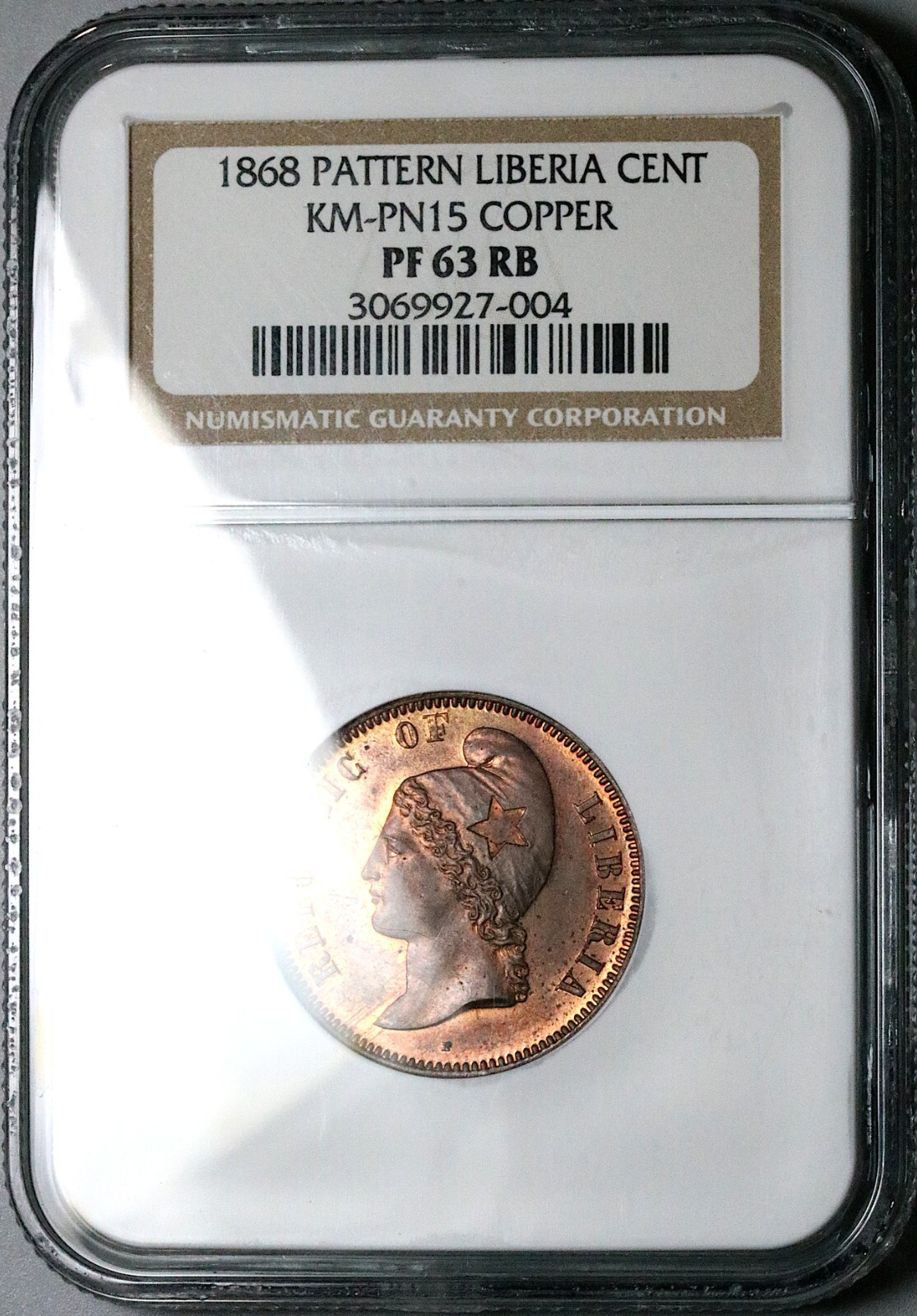 1868 NGC PF 63 RB Liberia 1 Cent Rare Proof Pattern Copper Coin (25050901C)