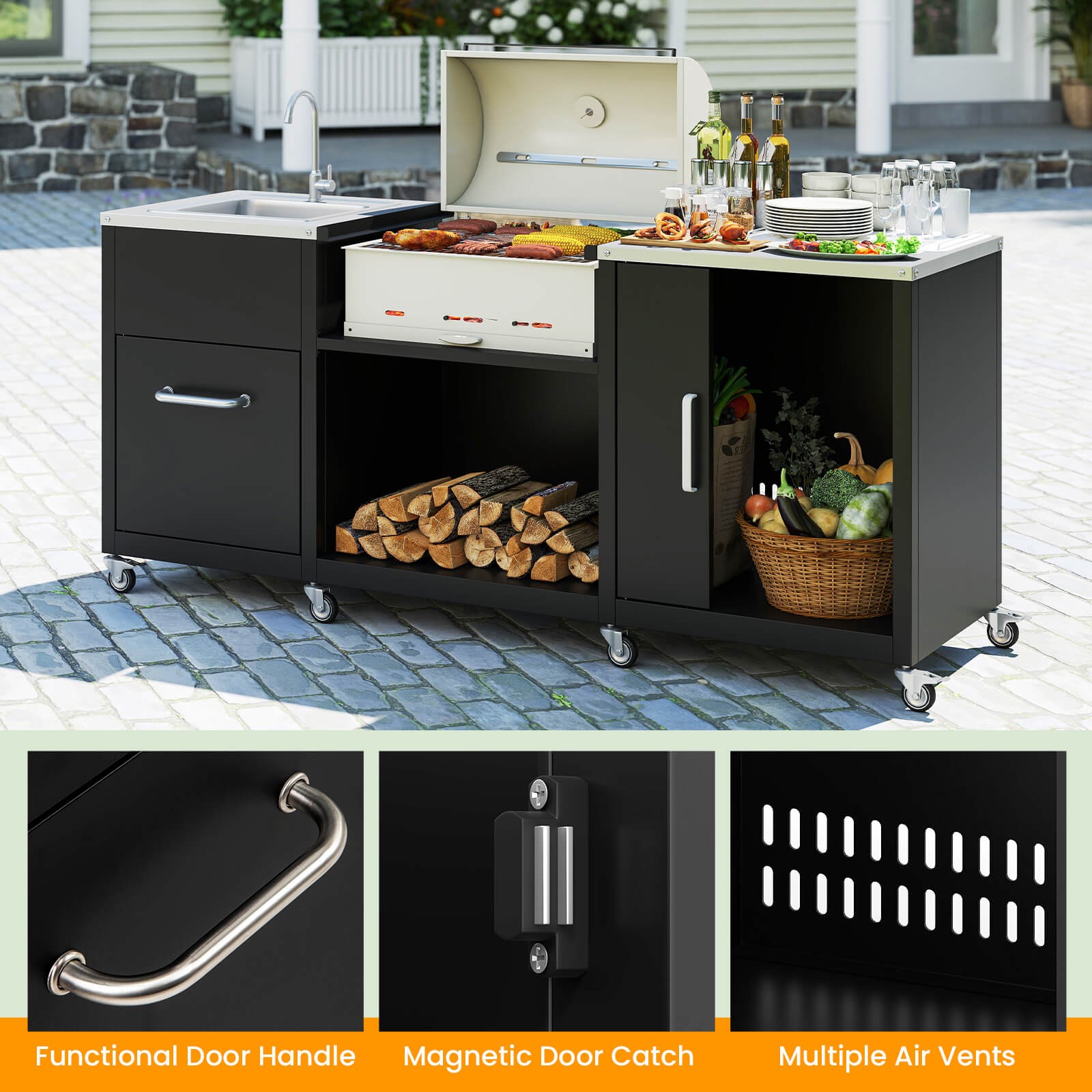 80" Outdoor Grill Table with Sink Drainage Cabinet Removable Stainless Steel Top