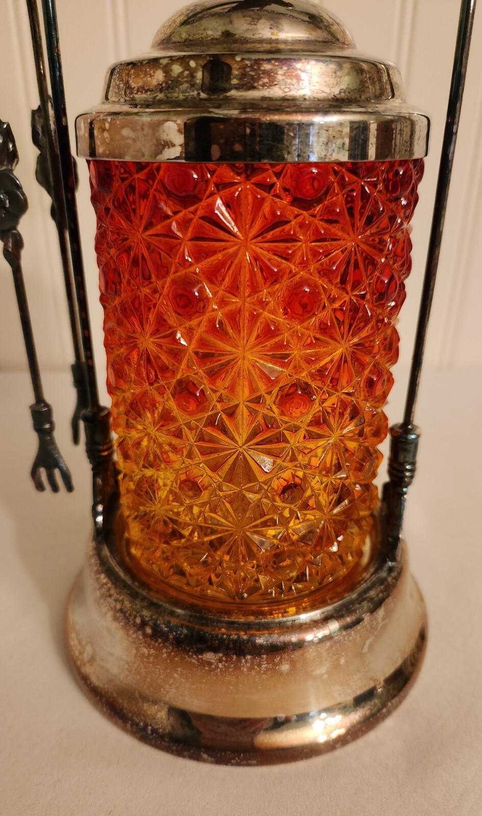 Antique Victorian Amberina Glass Daisy Button Pickle Castor Ornate Eagle Finial