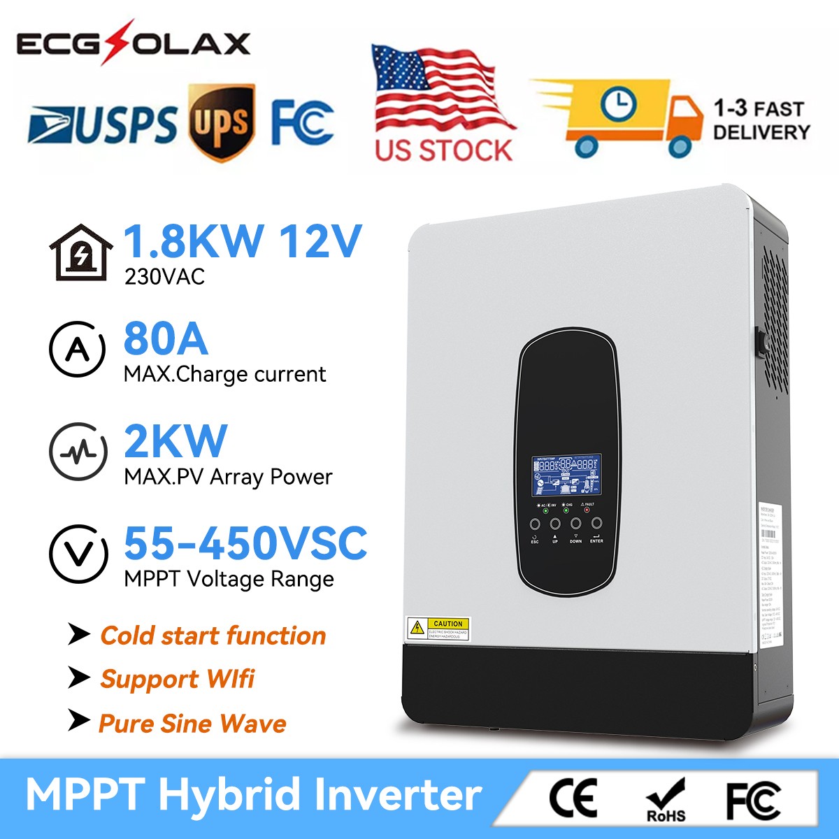 2200W 12V Hybrid Solar Inverter Single-Phase AC240V Off Grid MPPT 80A Controller