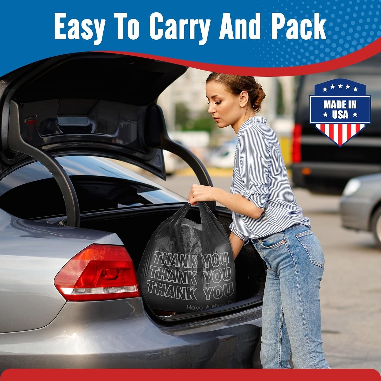 1000 Black Thank You T-Shirt Bags 12" x 6.5" x 21" Plastic Grocery Shopping Bags