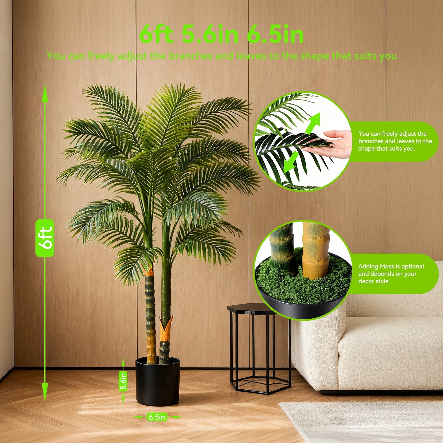 6FT Double Golden Cane Palm Artificial Tree Lush Realistic Home Garden Decor