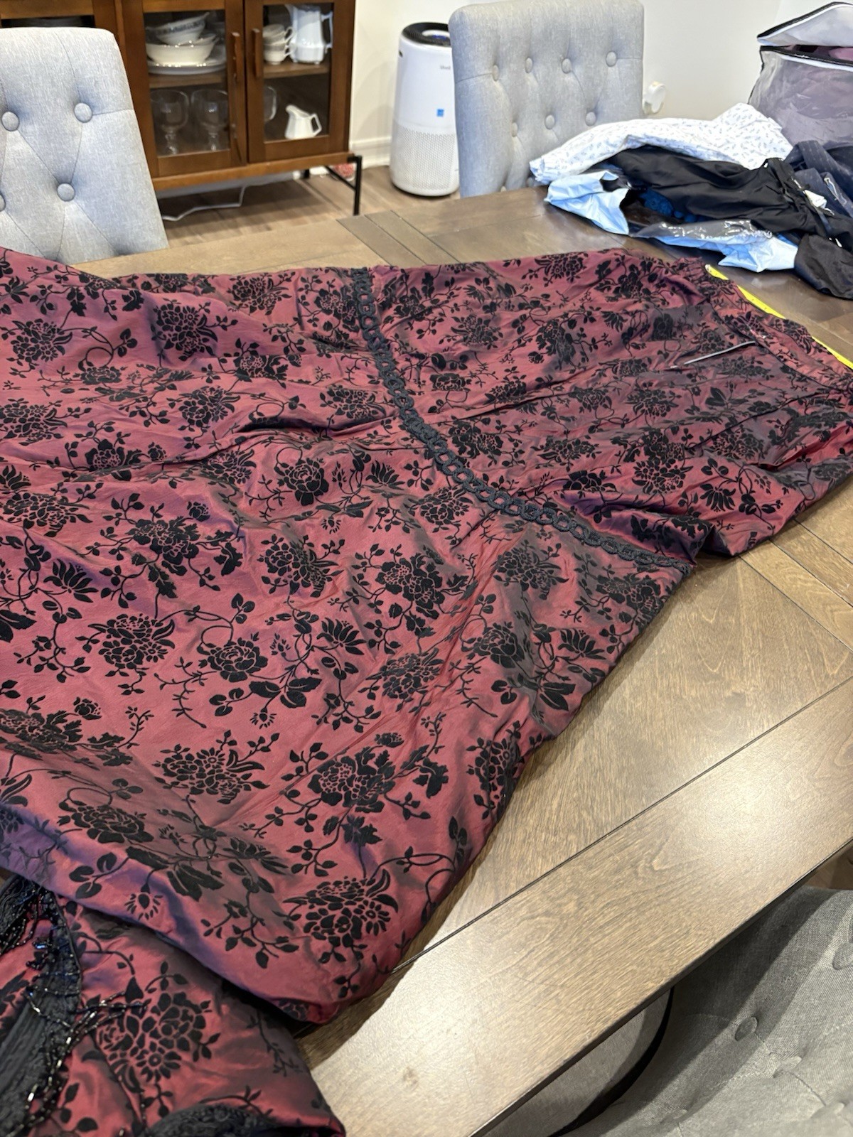 Victorian Reenactment Women’s Burgundy Floral Dress, Jacket & Bodice Set