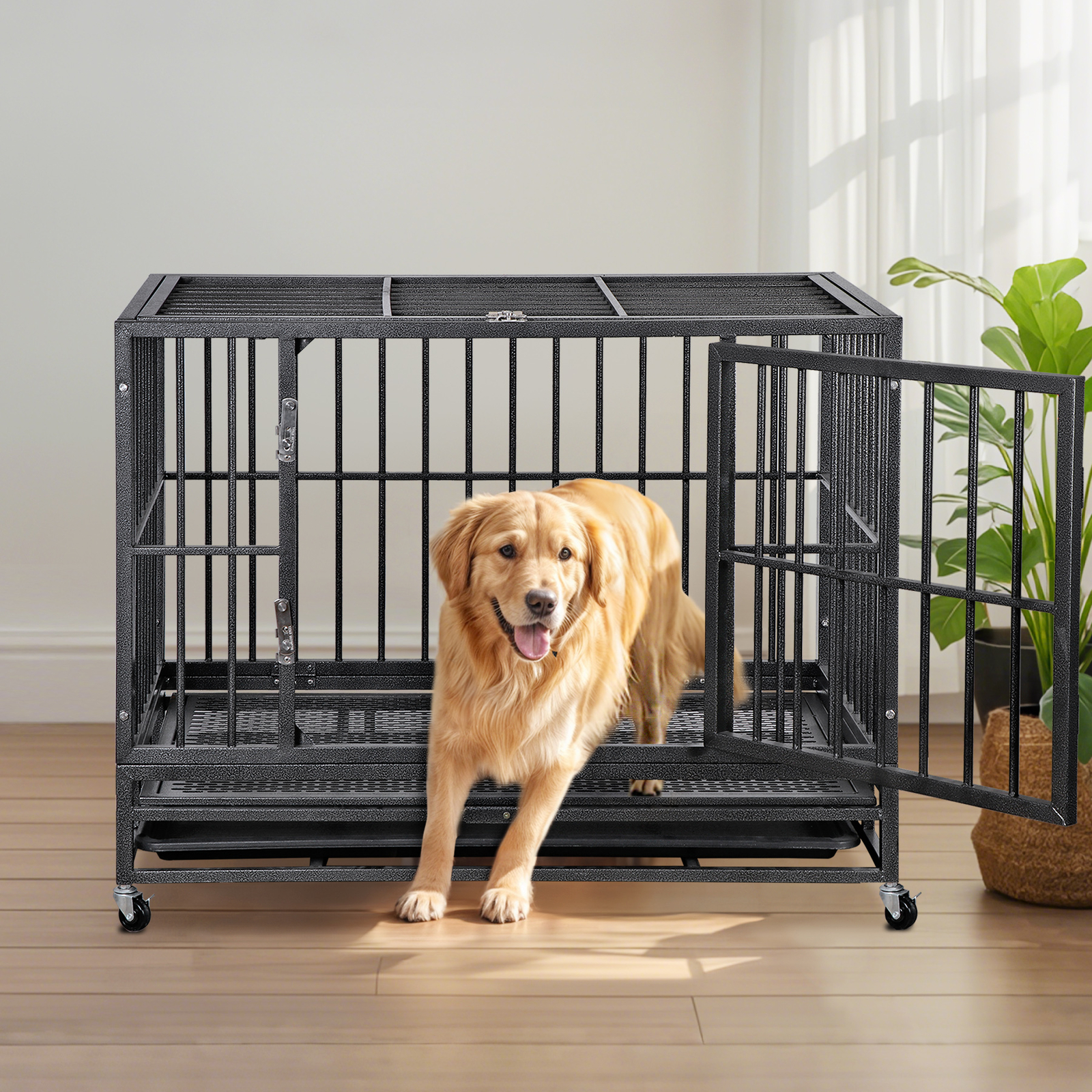 Heavy Duty Extra Large Dog Crate with Wheels - Indestructible 38Inch Chew Proof