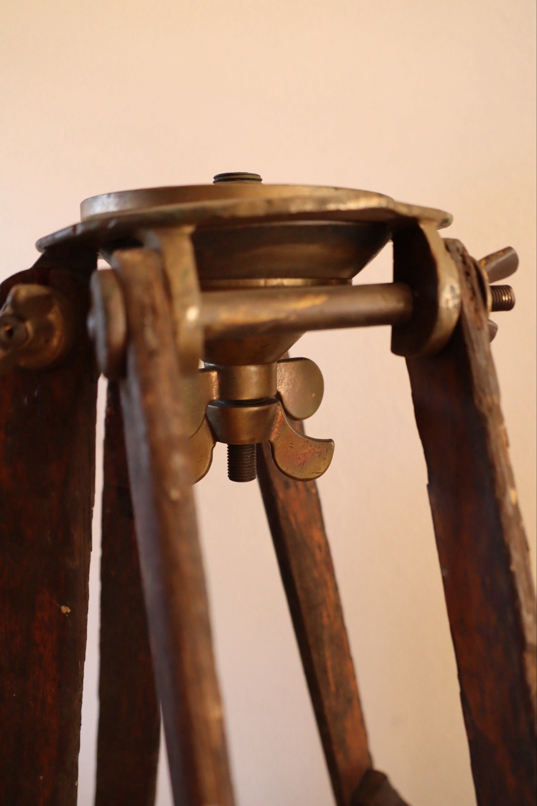 Antique Wood Survey Tripod Oak And Brass