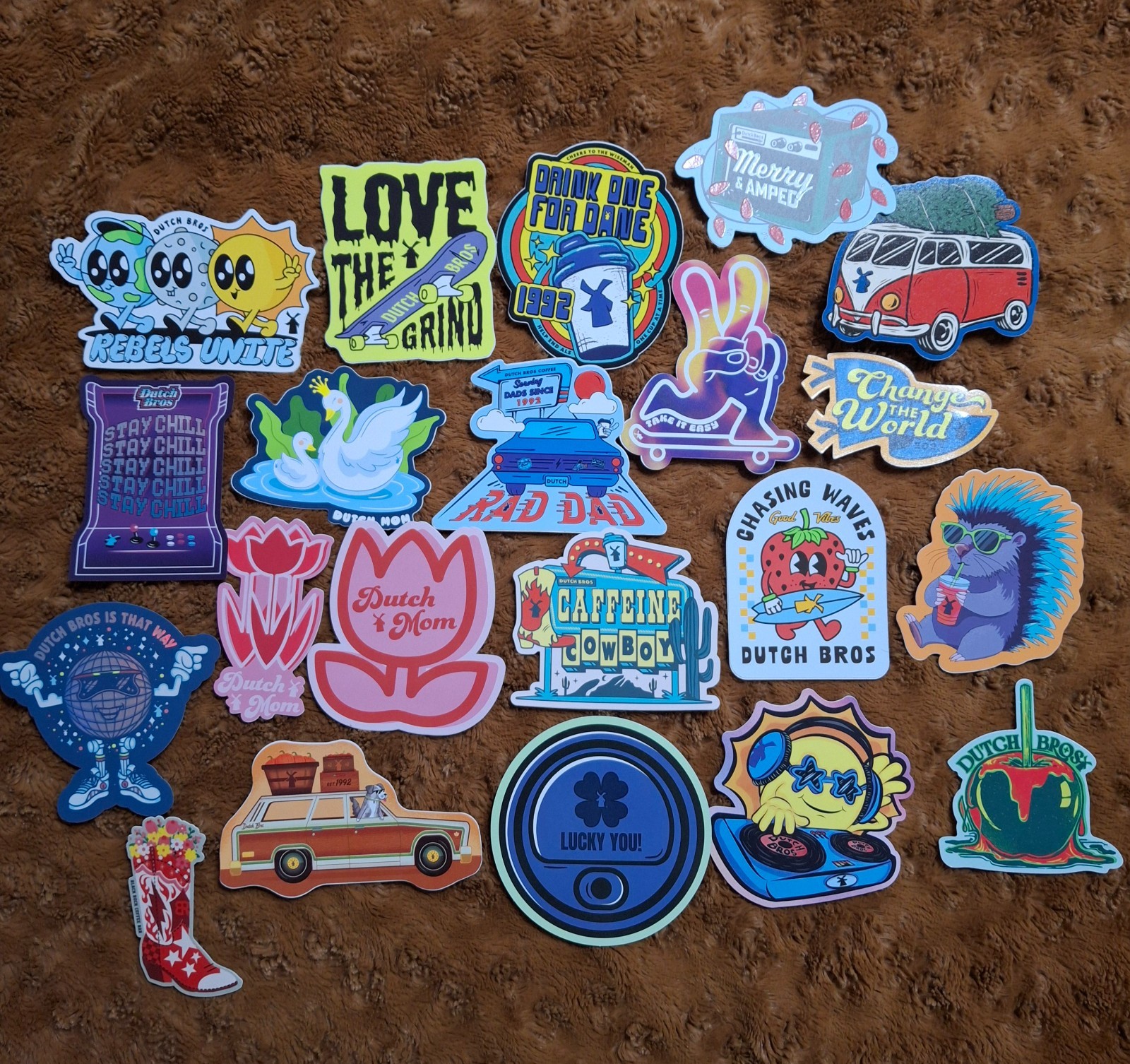 Dutch Bros sticker bundle, includes 20 stickers + 1 bonus Black Rifle sticker