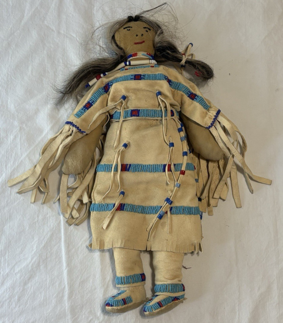 Vintage Native American Handmade Buckskin Beaded Doll 16"” Real Hair