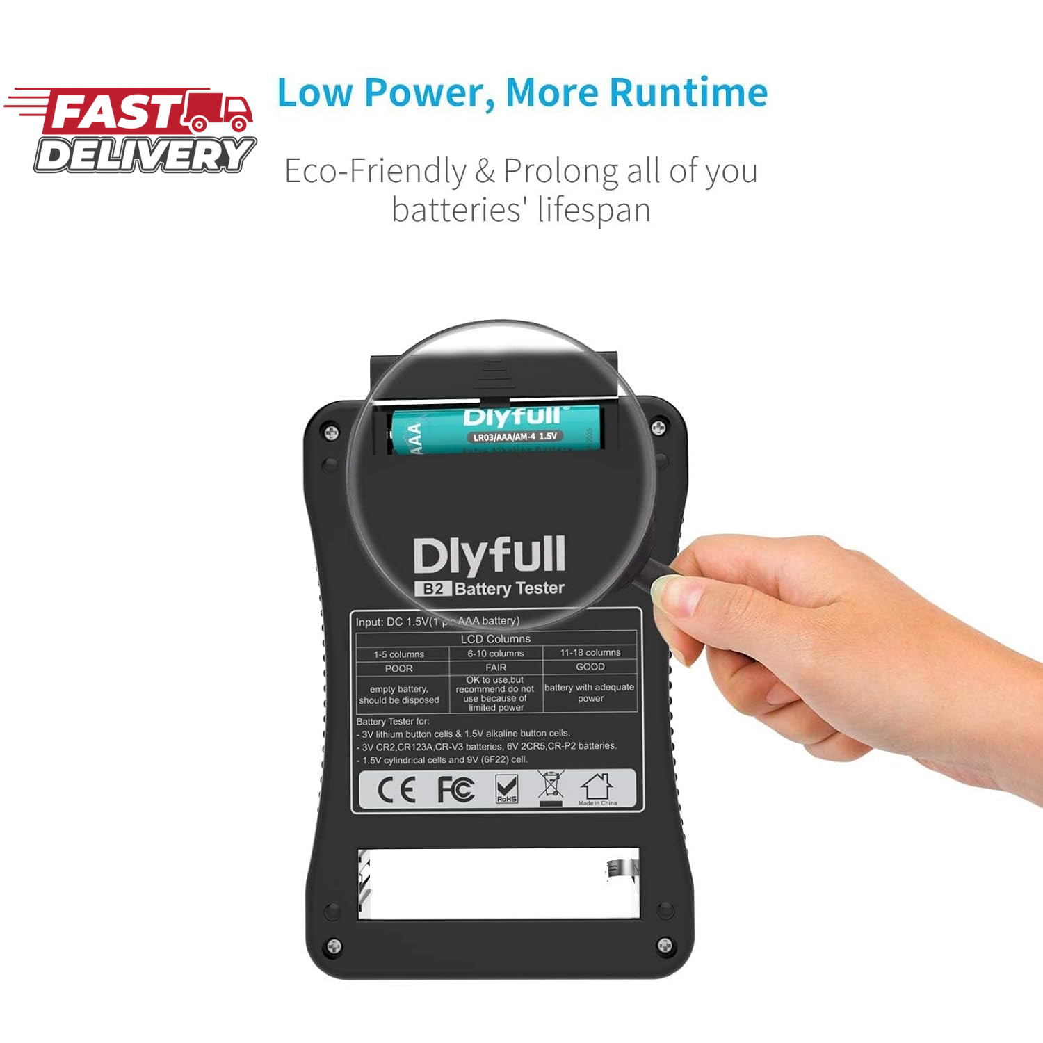 Battery Tester, Dlyfull LCD Display Universal Battery Checker for AA AAA C D 9V