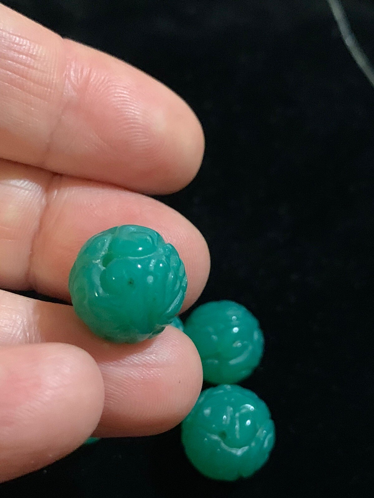 One Vintage Carved Chinese Bead Bright Green Onyx Round Shou Design 14mm