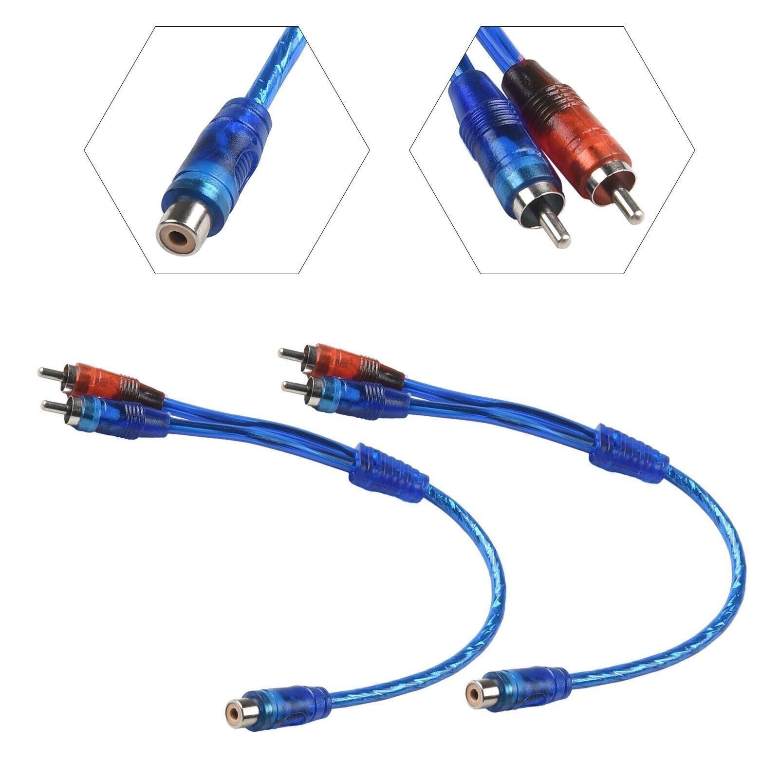 2pcs RCA Y Splitter Audio Jack Cable Adapter 1 Female to 2 Male Connector Blue