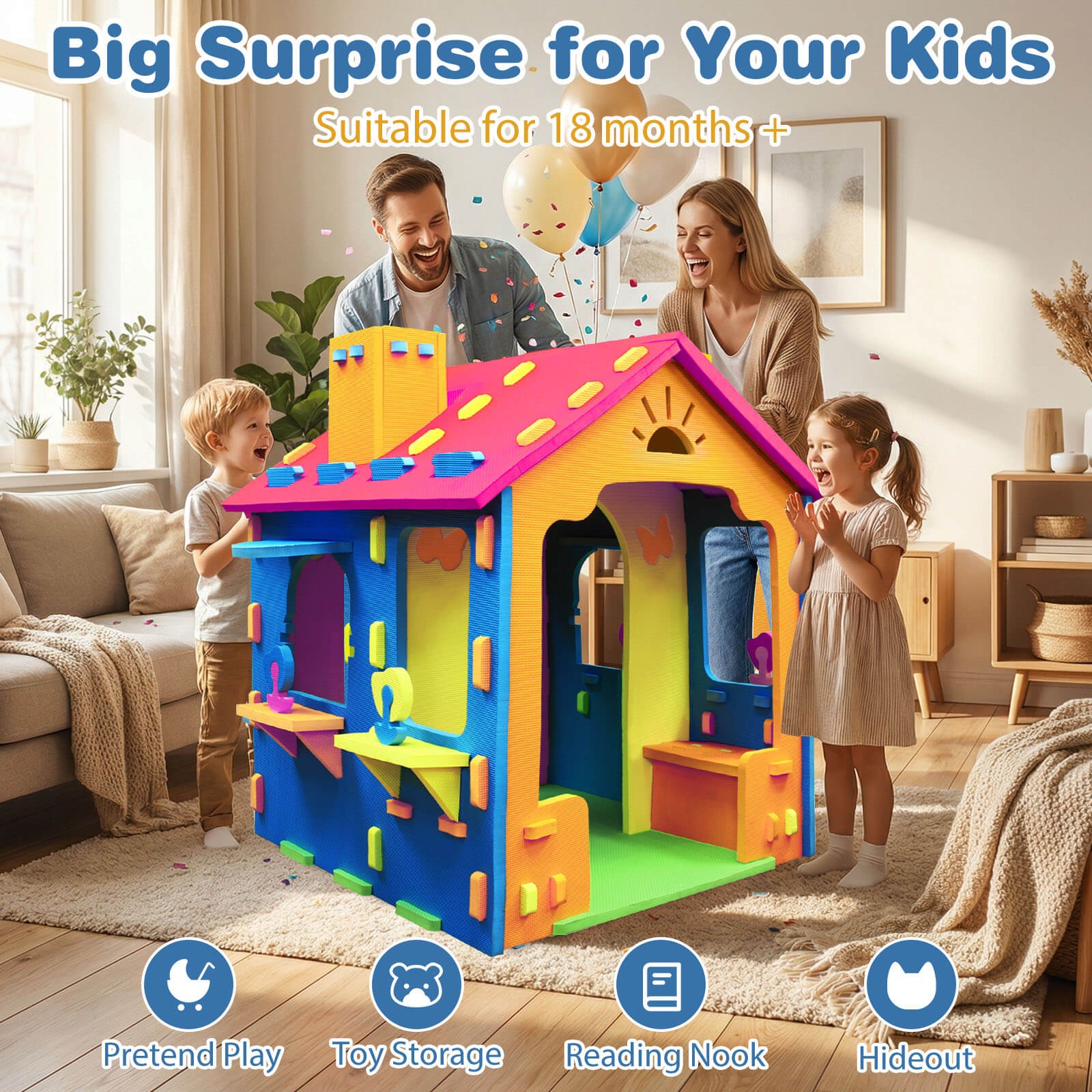 Kids EVA Foam Playhouse w/Roof, Chimney, Windows & Doorways for Creative Play
