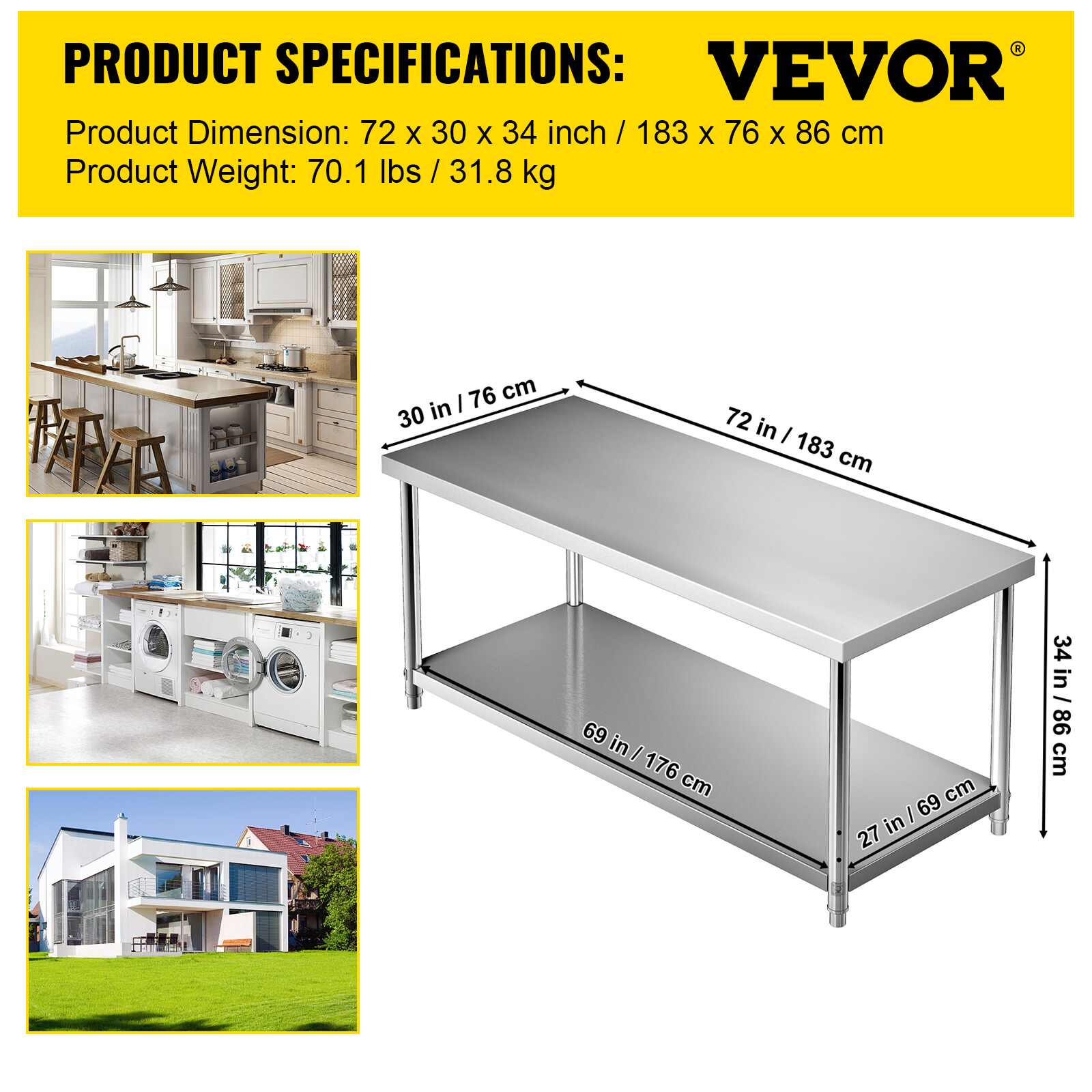 VEVOR Stainless Steel Work Prep Table Commercial Food Prep Table 72x30x34in