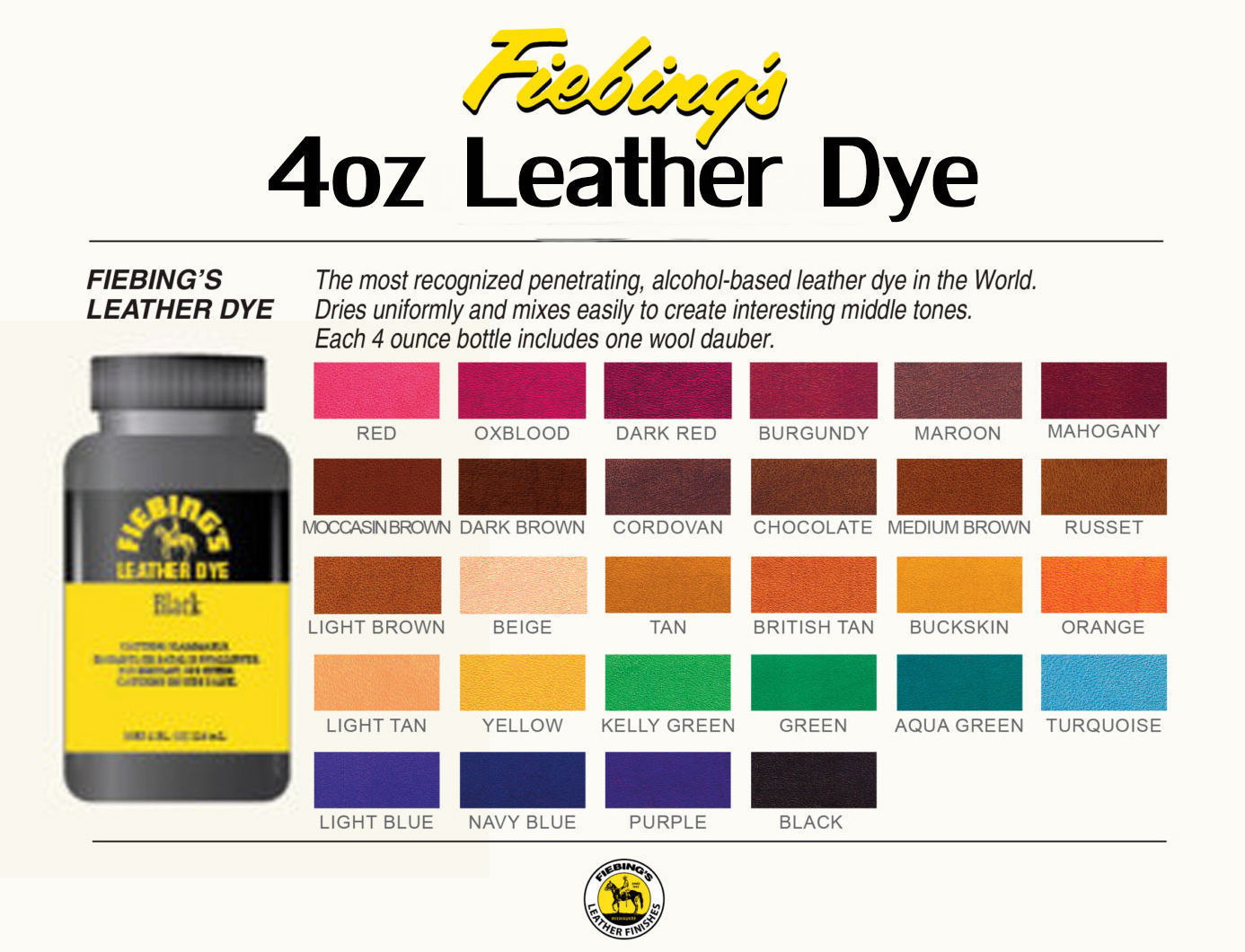 Fiebing's Leather Dye w/ Applicator - ALL COLORS- 4 OZ |Not for CA Customers|