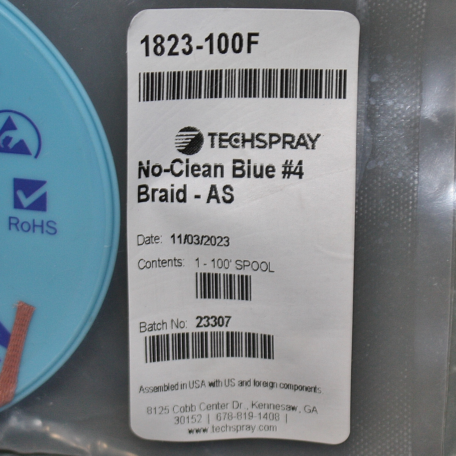 TechSpray No-Clean Desoldering Braid 1823-100F, #4 x 100ft, Blue, Flux Coated