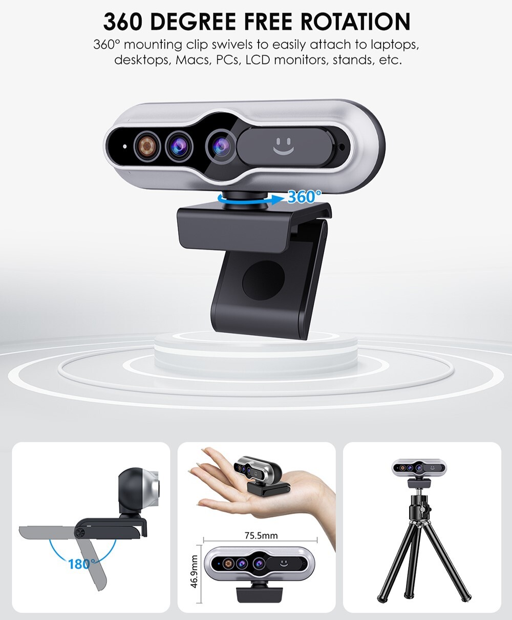 TOALLIN 2K Auto-Focus QHD Webcam Windows Hello Privacy Shutter w/Microphone New