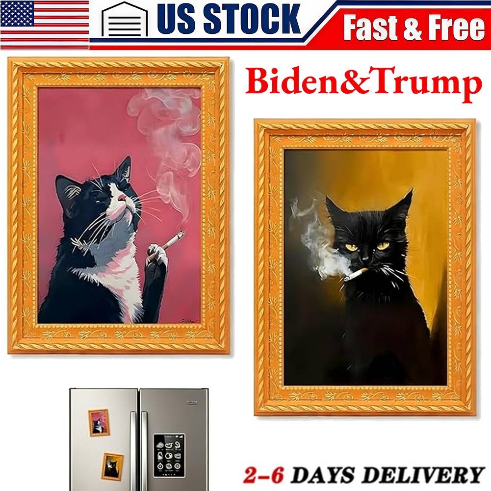 2PCS Refrigerator Magnets Wooden Rebellious Cat Smoking Art Print Fridge Magnets