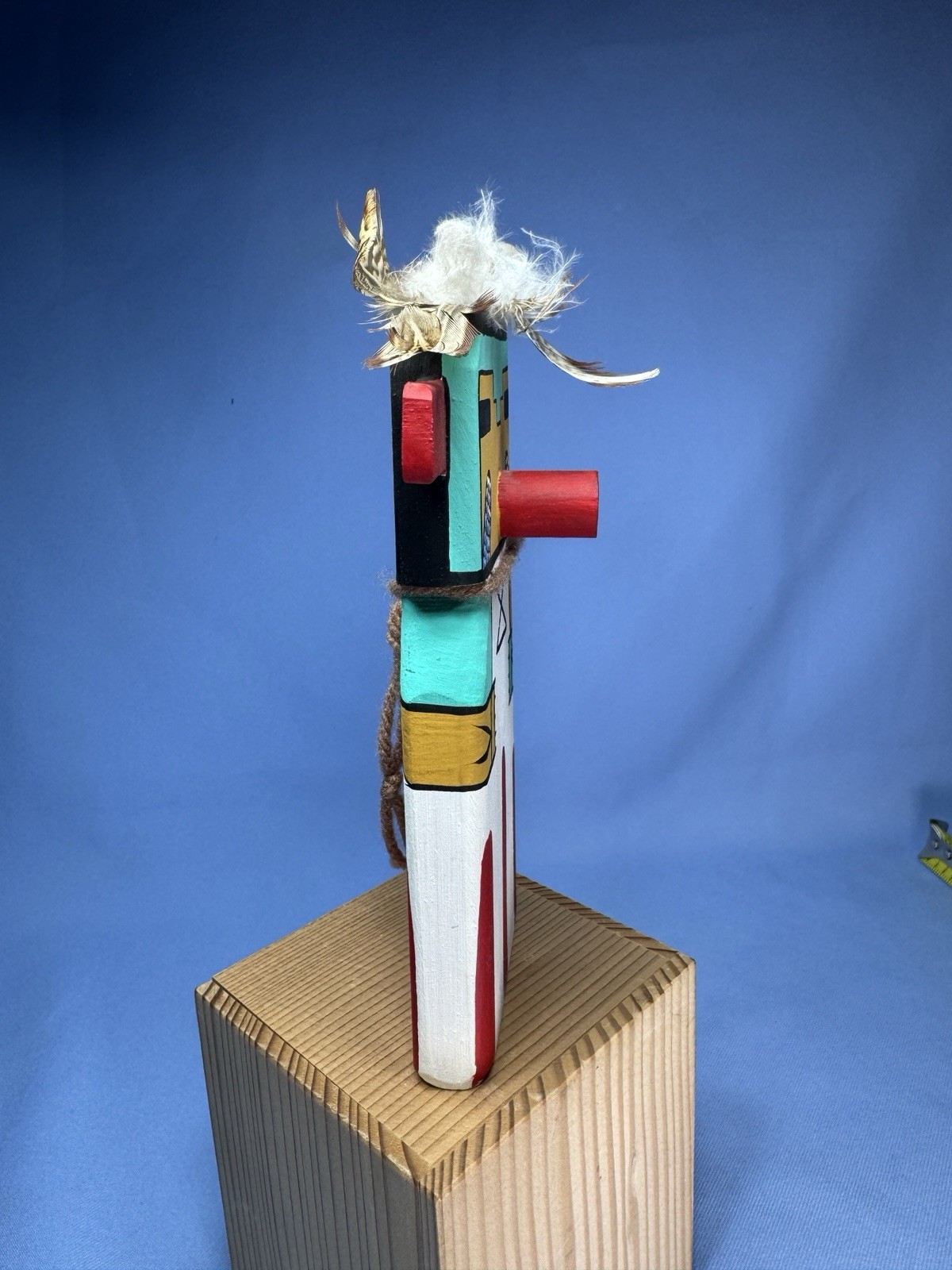 VTG Hopi Puchtihu Corn Kachina Flat Carved Wood With Feathers 7” Sign Puhuyesua