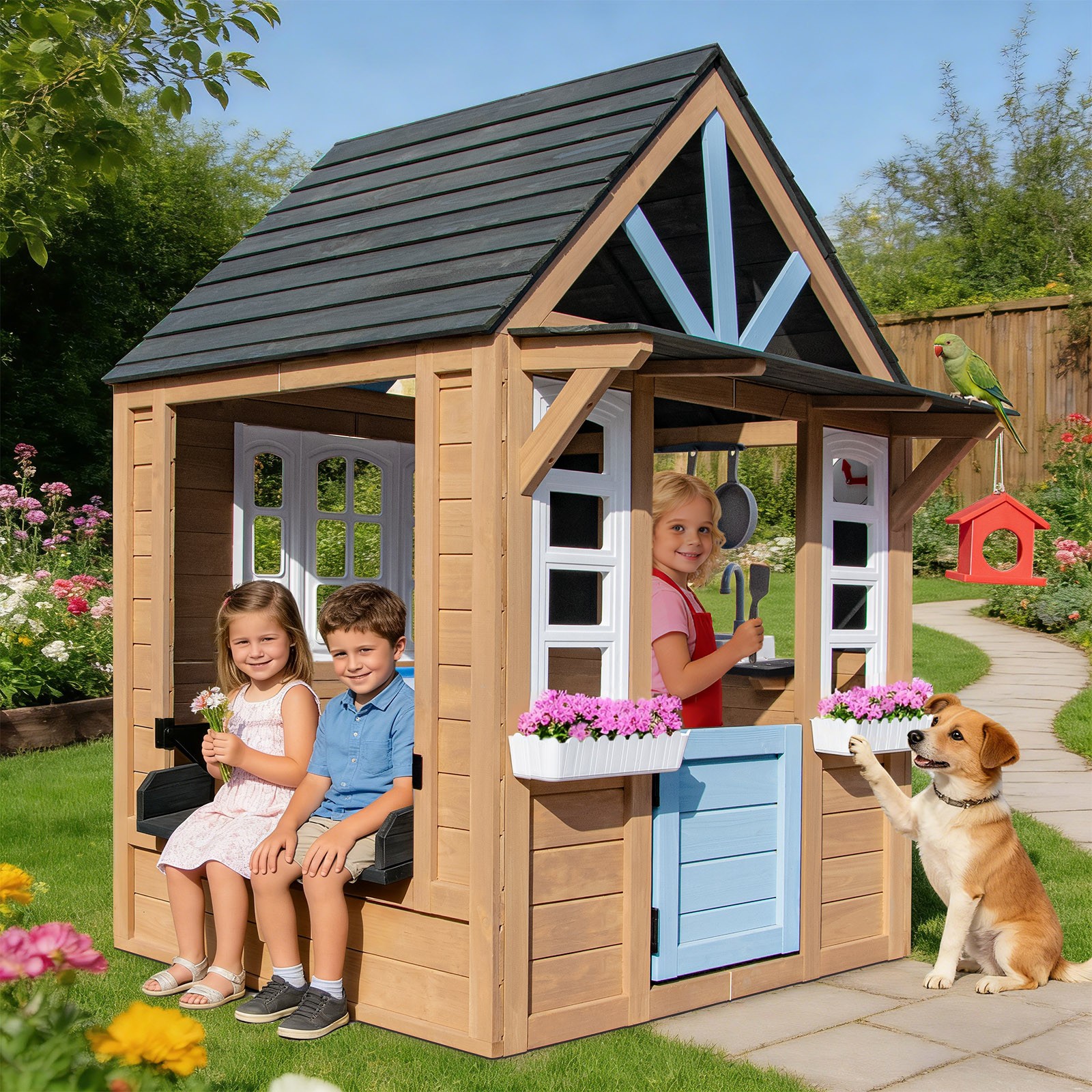 Kids Wooden Playhouse with Bench,Play Kitchen,Chalkboard,Flowerpot,Birdcage
