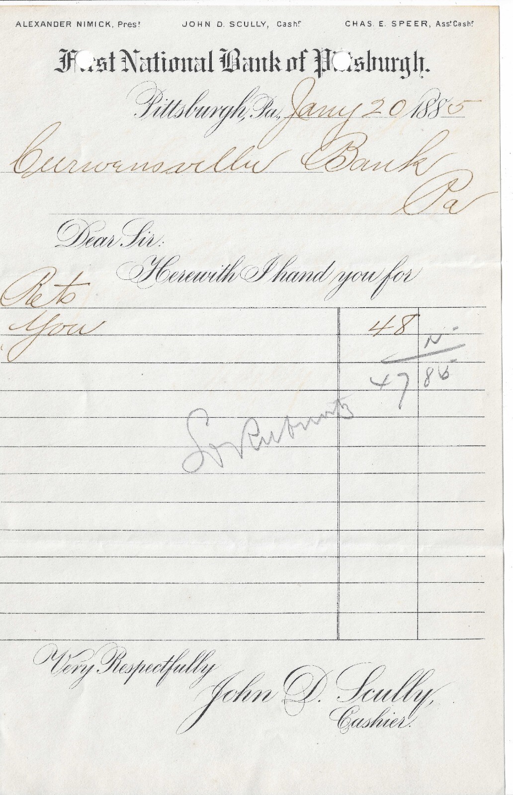 1885 Deposit/Collections Slip, First National Bank of Pittsburgh, Pennsylvania