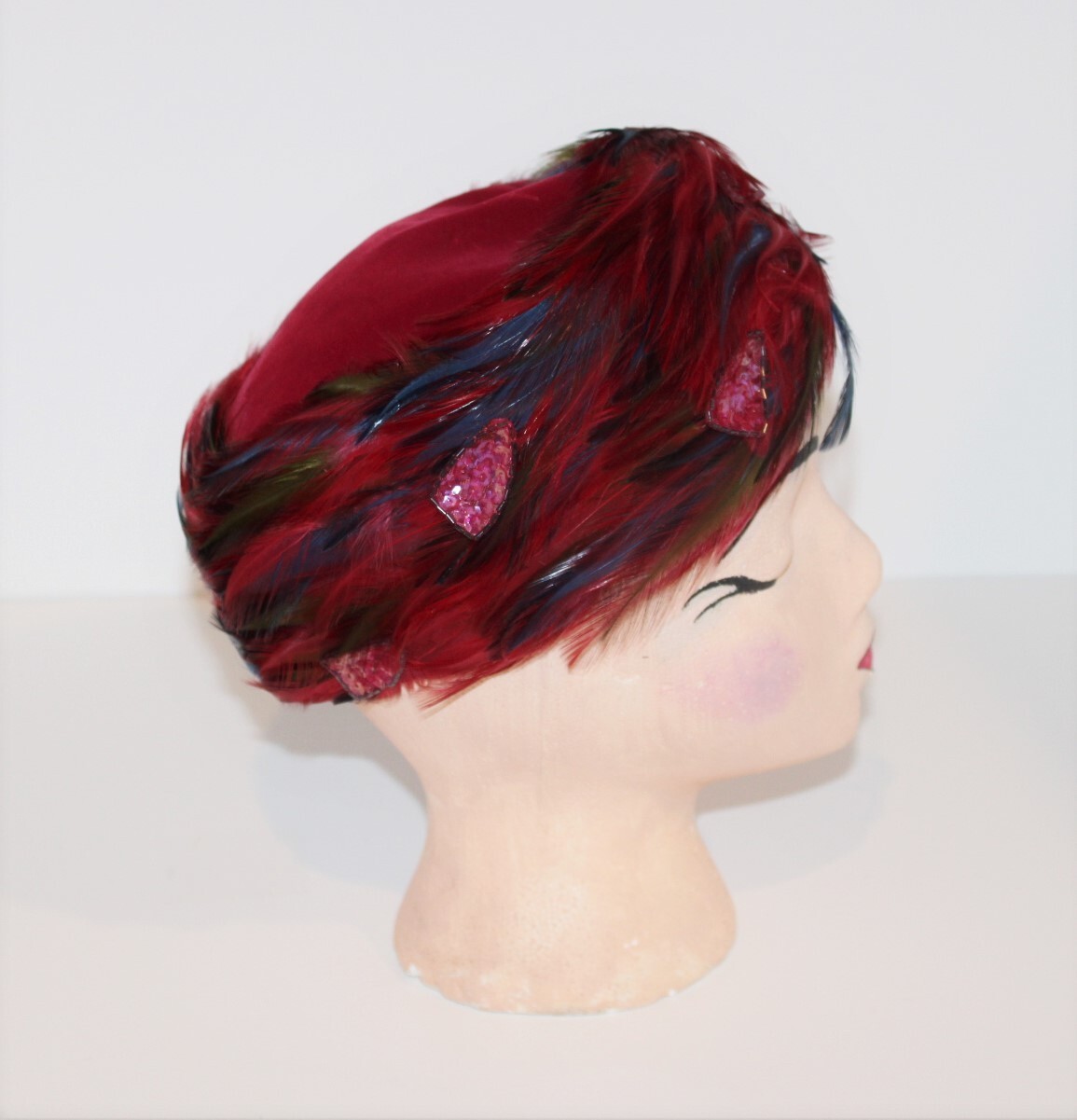 VTG Modern Miss Feather Pillbox Hat Velvet Multi-Color Cranberry Sequin Women's