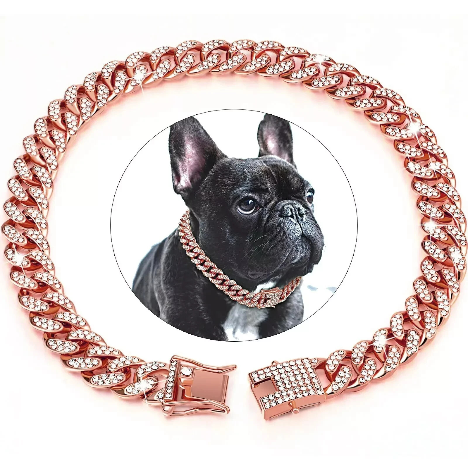 Rose Gold Bling Cuban Link Dog Collar Diamond Rhinestone Necklace Cat Kitten Pup
