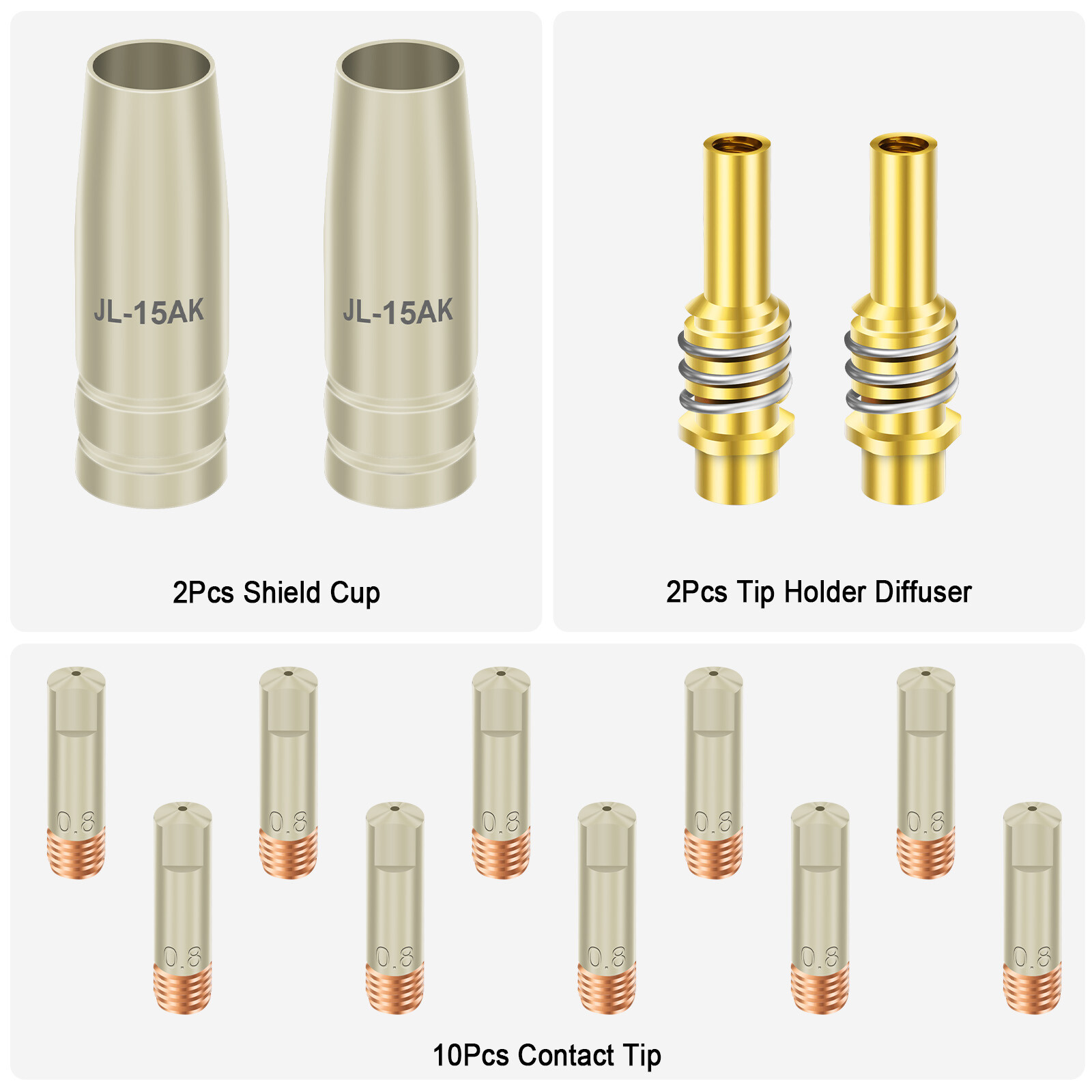 15AK Welding Gun Accessories 0.03'' 0.8mm Contact Tip Nozzle Diffuser 14pcs