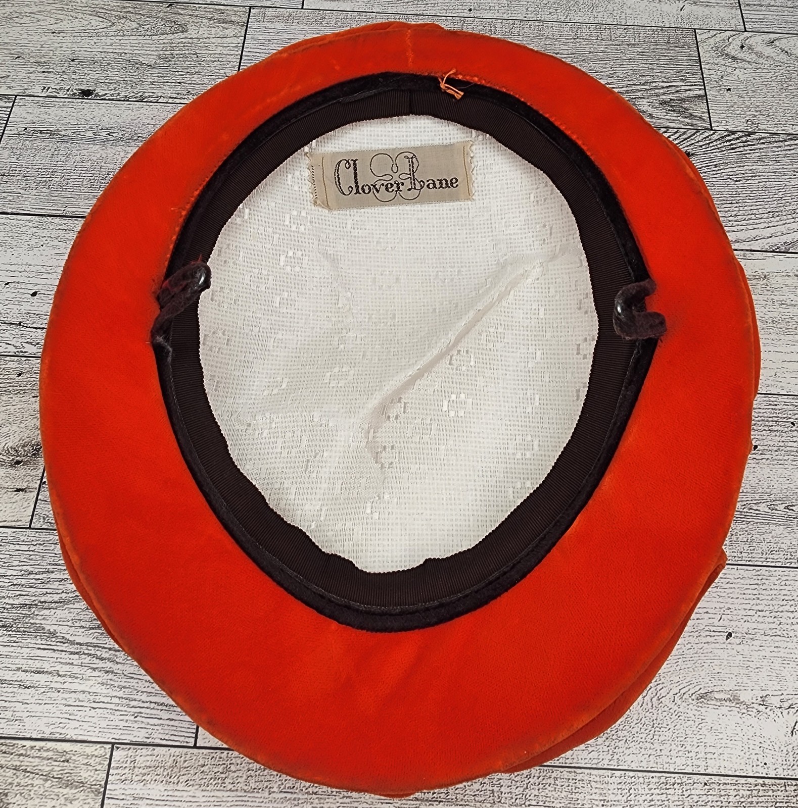 Vintage Clover Lane Art Deco Velvet Velour Beret Hat Fascinator Bright Orange
