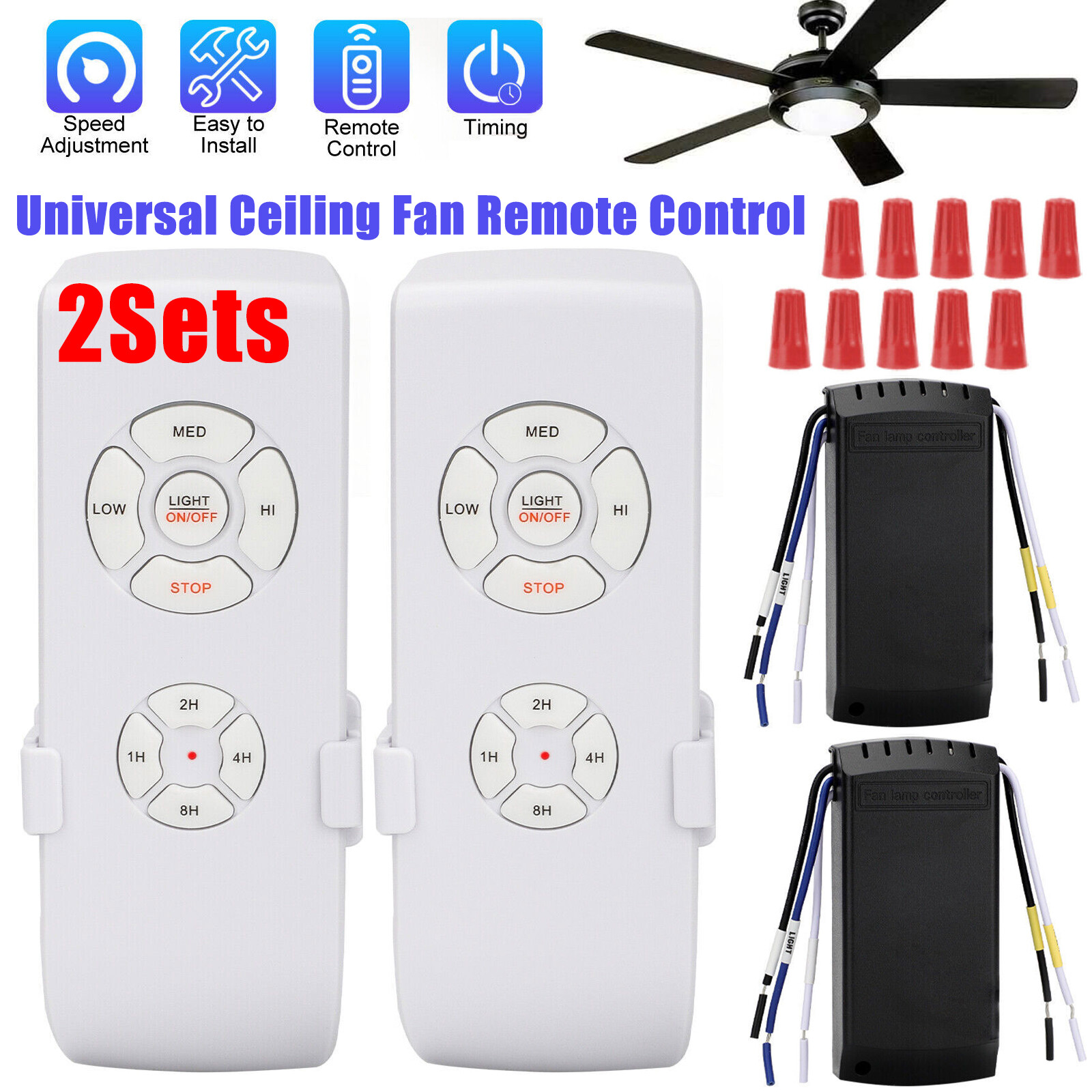 2x Universal Ceiling Fan Lamp Light Wireless Timing Remote Control Receiver Kit