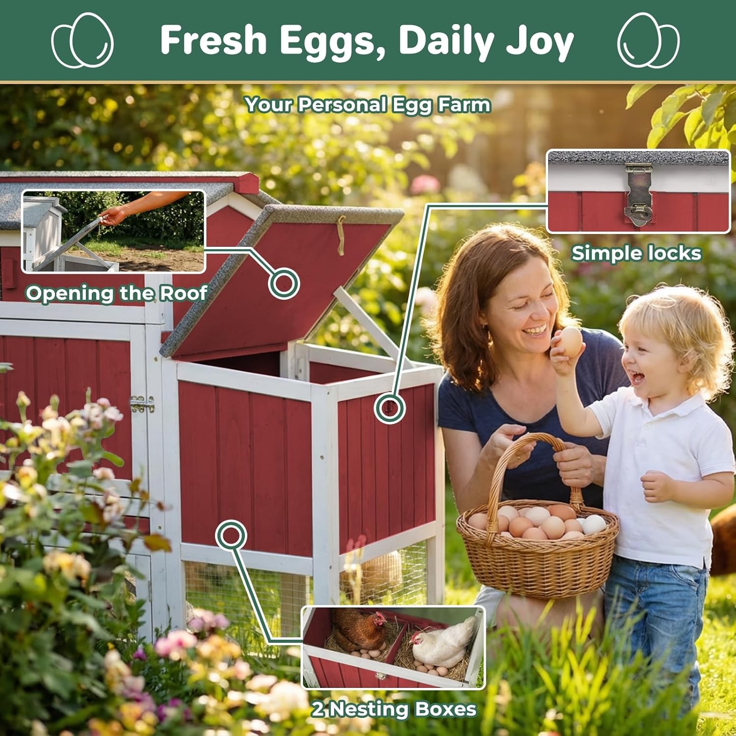 PETSCOSSET Outdoor Chicken Coop, Large Chicken House with Nesting Box, Red