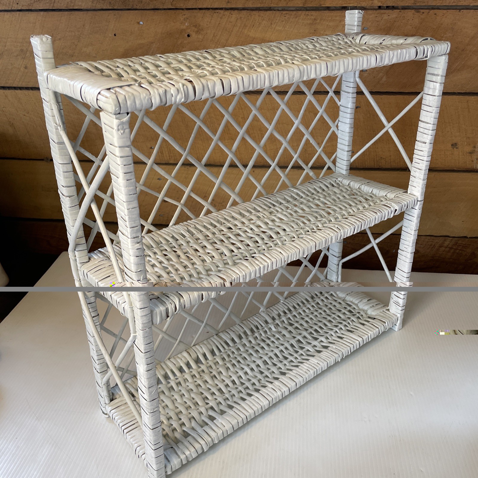 Vtg White Wicker Wall or Free Standing Shelf Boho, Shabby Chic, Cottage, Beach