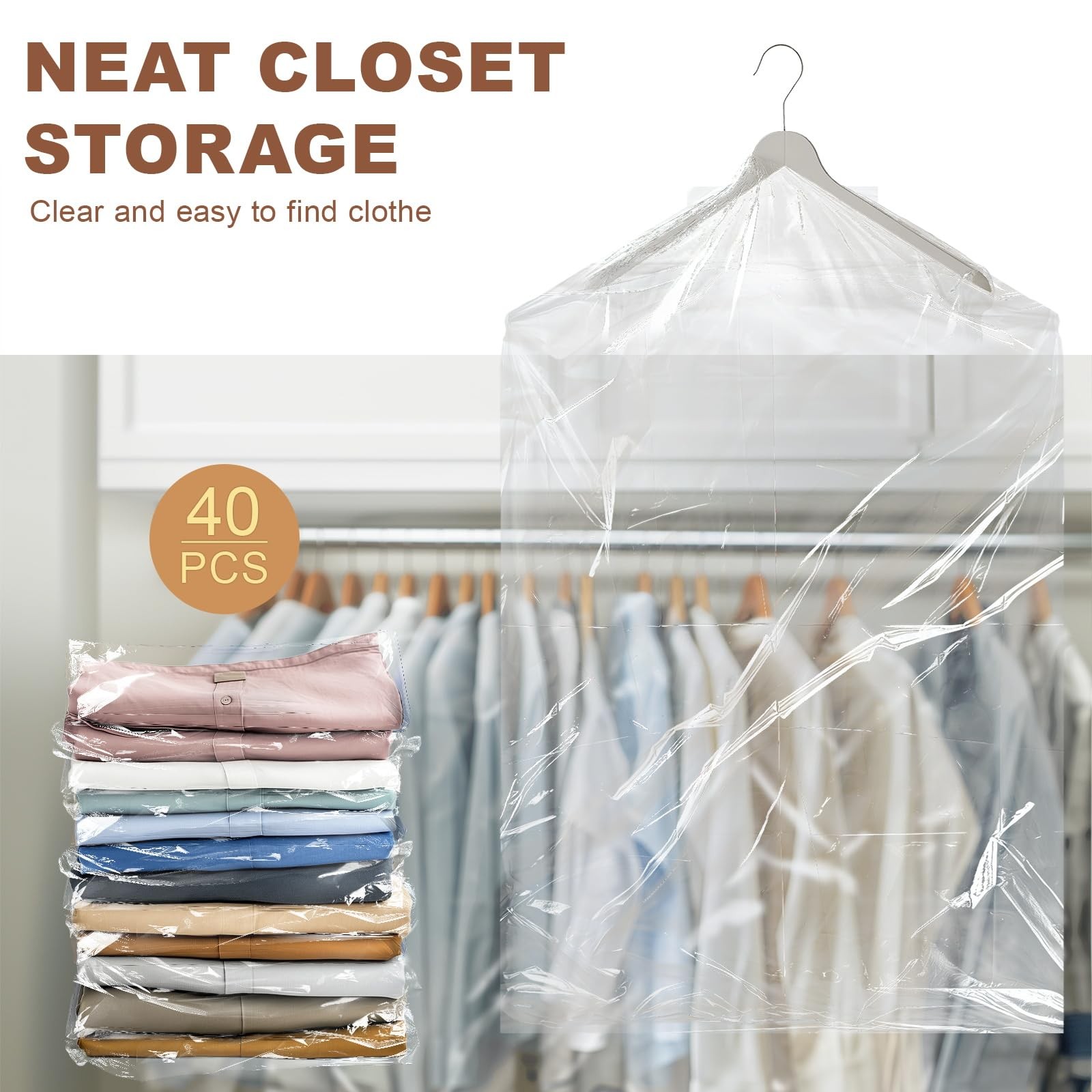 40 Pcs Dry Cleaner Clothes Covers Plastic Clear Garment Bags for Clothes 60X90Cm