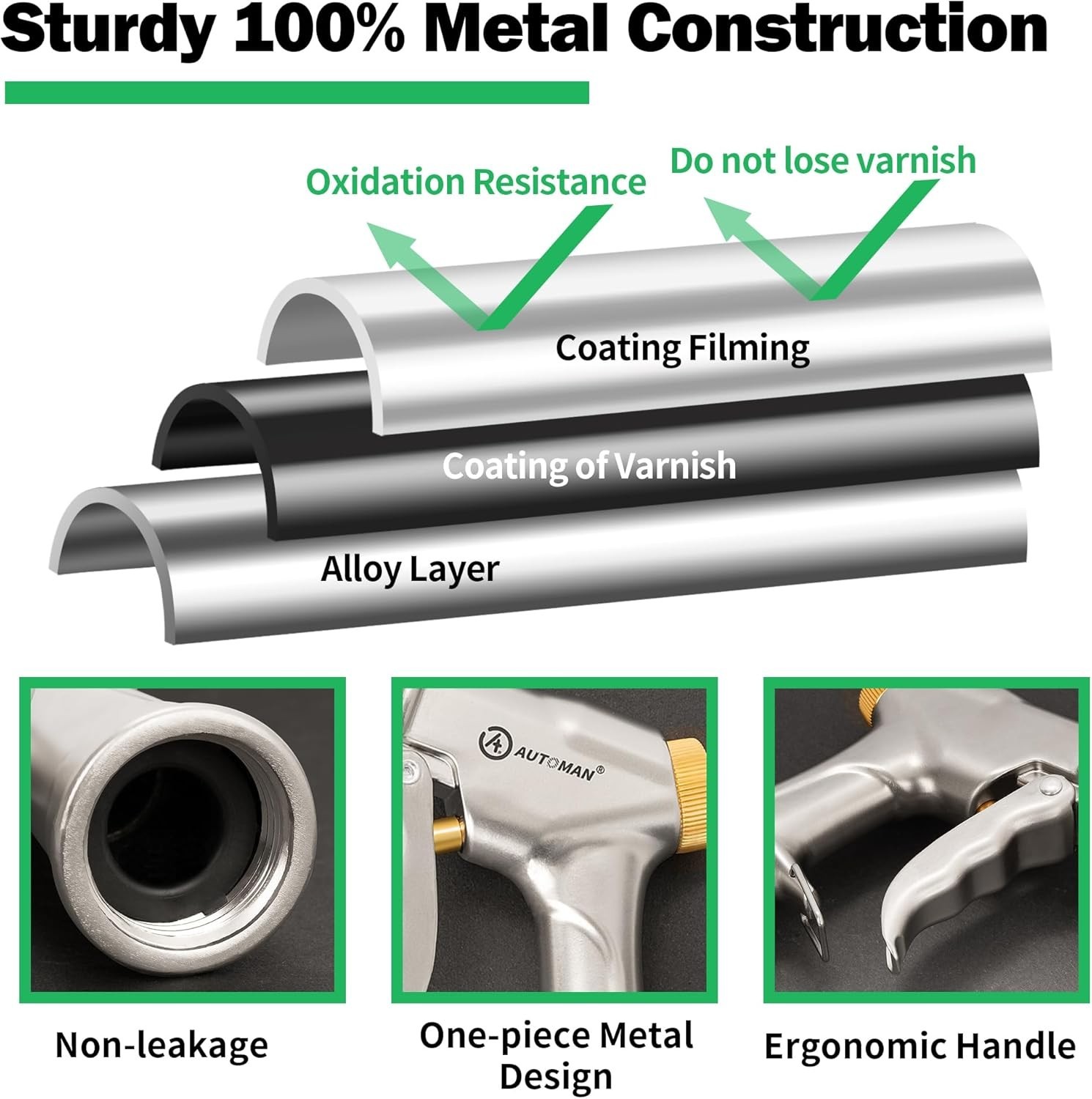 Garden Hose Nozzle High Pressure Metal Sprayer 4 Spray Patterns Heavy Duty