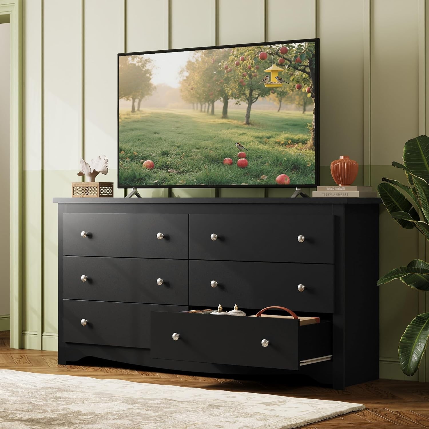 Black Wooden 6-Drawer Dresser, 59" Wide Modern Chest for Bedroom & Living Room